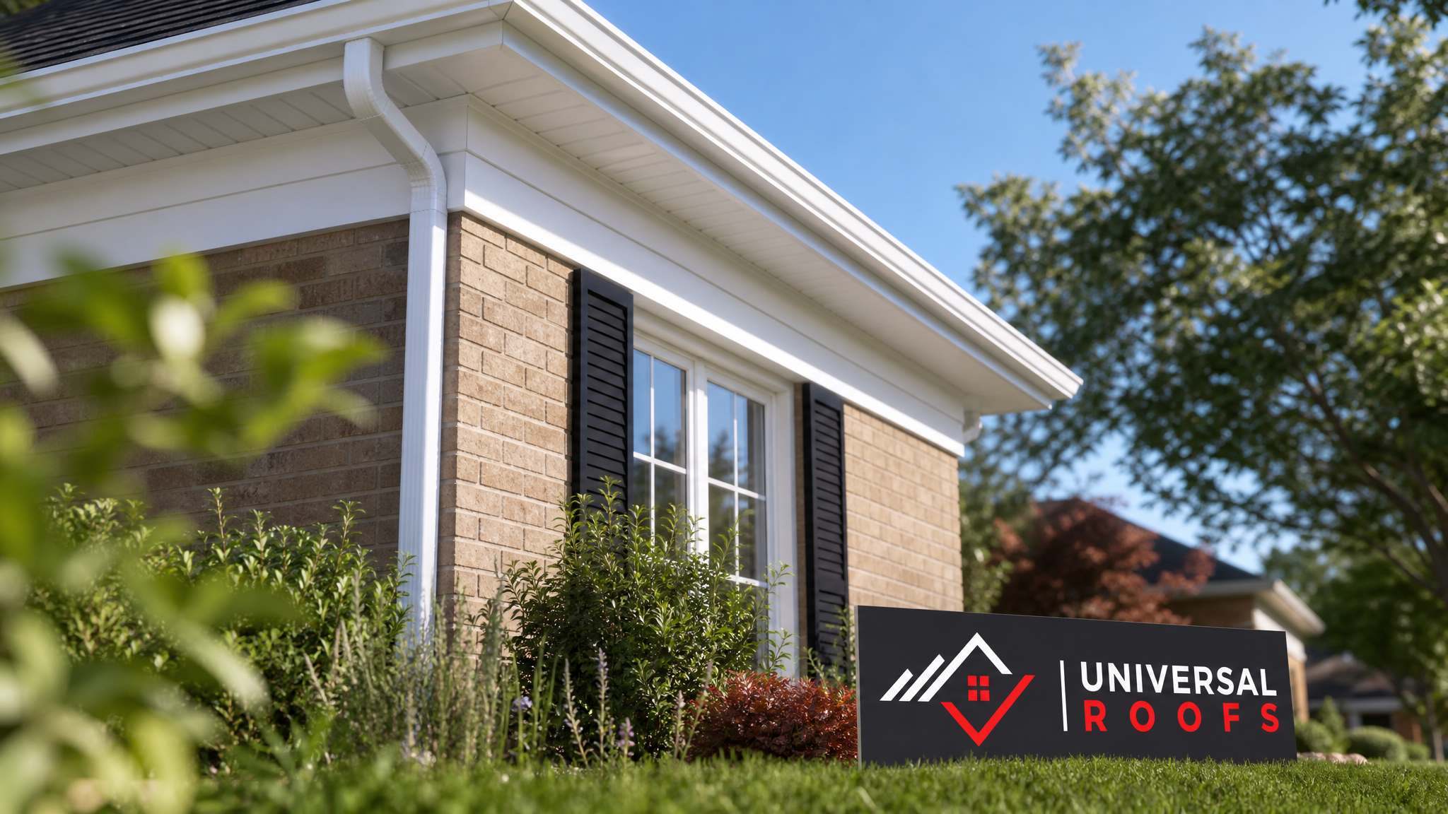 Freshly repaired white aluminum soffit and fascia on a Toronto home under summer daylight, with a branded sign placard resting on the lawn