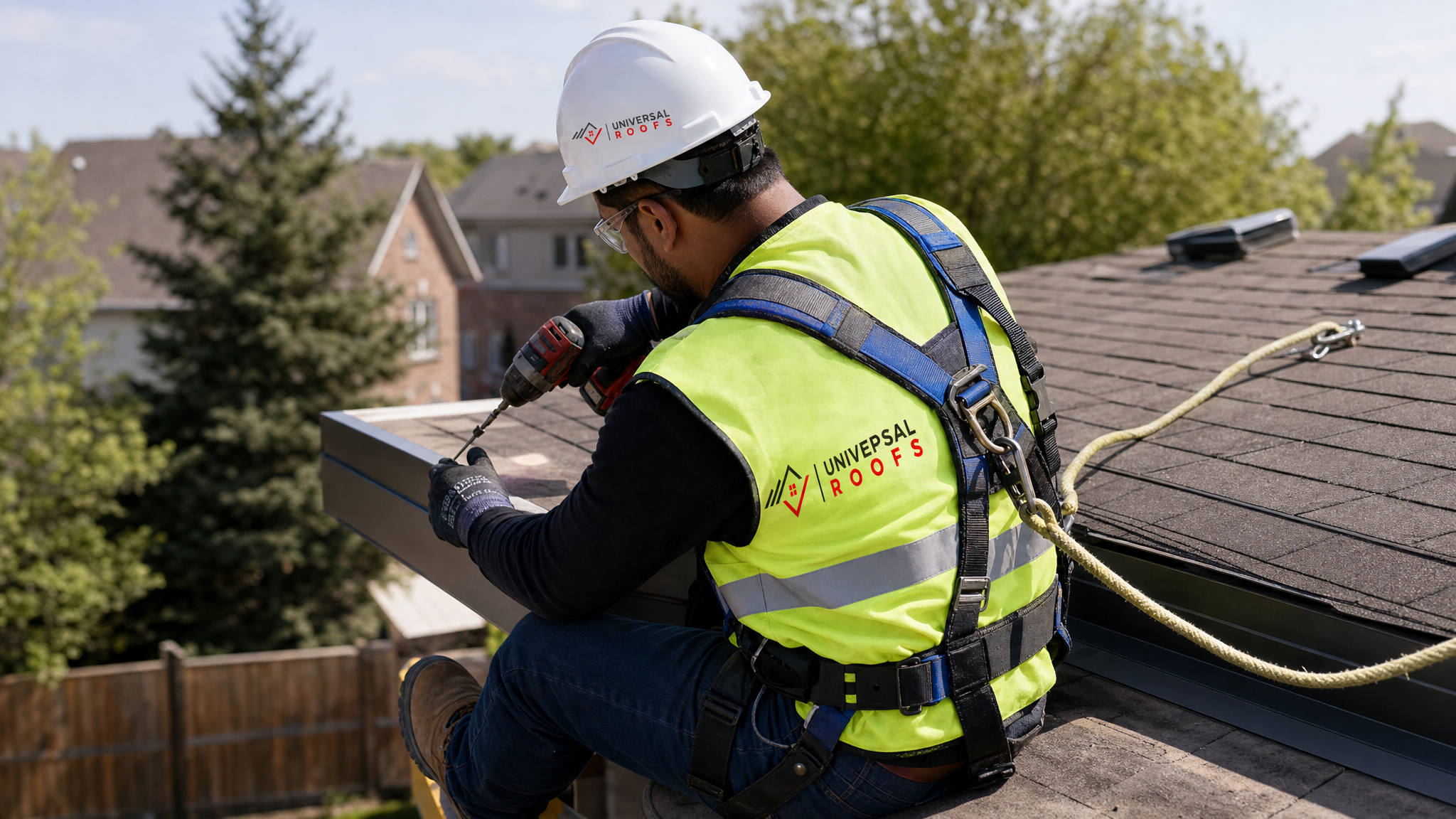 Roofer wearing hard hat, hi-vis vest, safety glasses, gloves, and fall-protection harness installing new aluminum fascia board at the roof edge on a Toronto home in summer daylight