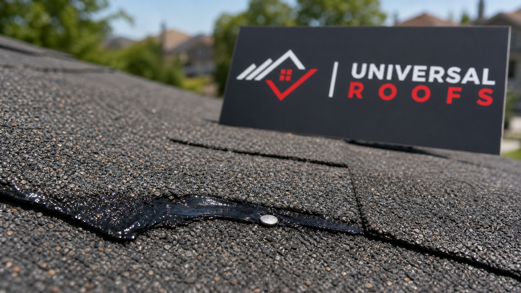Close-up detail of a resealed asphalt shingle tab and roofing nail on a repaired roof section in daylight