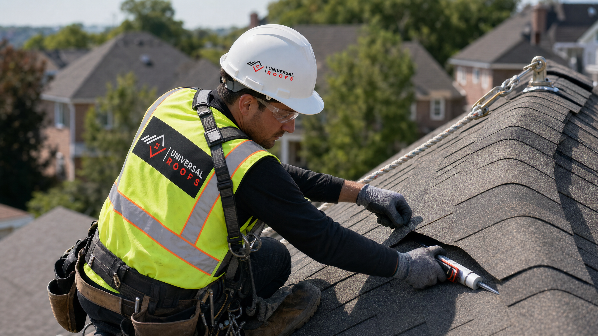 Roofer wearing hard hat, hi-vis vest, safety glasses, gloves and a fall-protection harness resealing a lifted shingle on a sloped roof in daylight