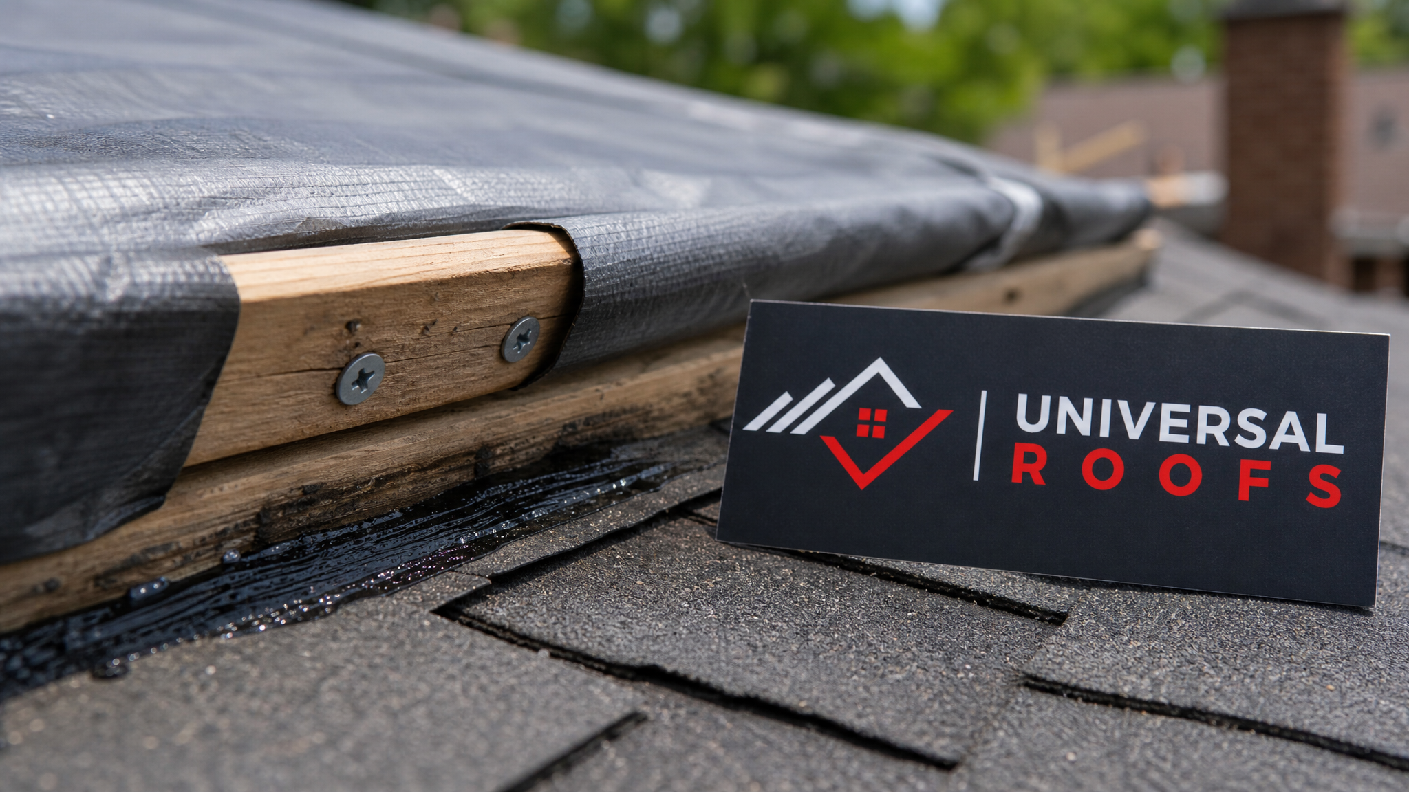 Close-up of galvanized roofing nails, sealant, and a furring strip securing a tarp edge to a roof deck during a temporary wind damage repair
