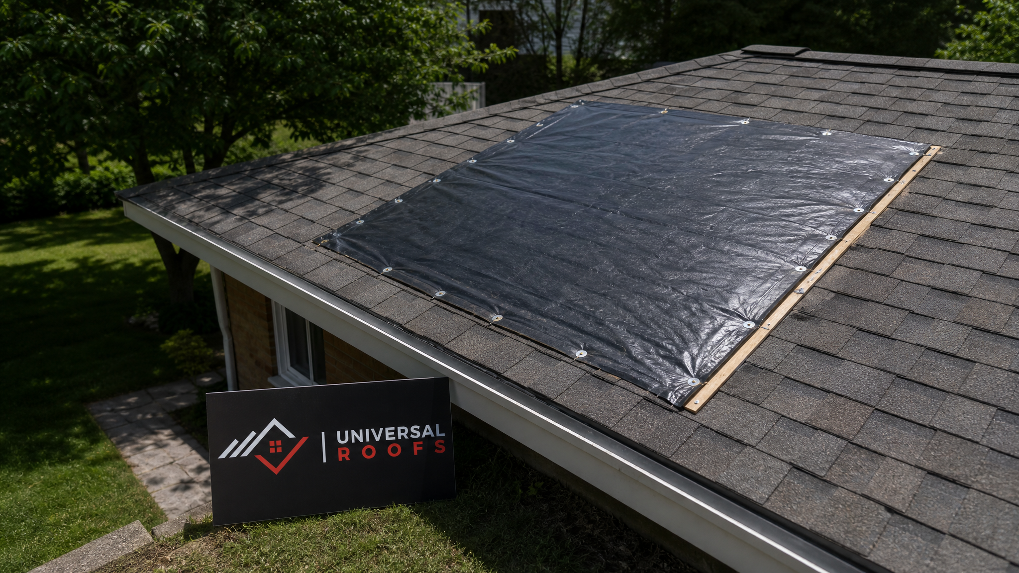 A securely tarped and repaired residential roof section in Toronto after wind damage, shown in daylight with no active leaks