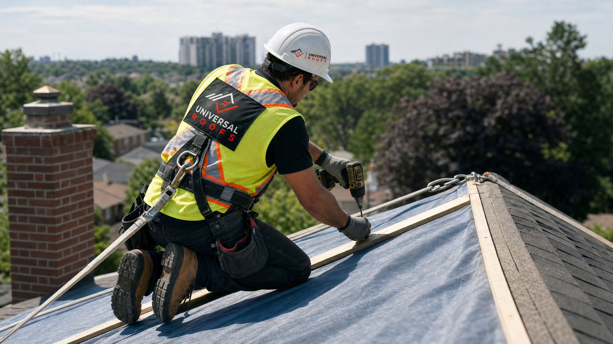 A roofer wearing a hard hat, high-visibility vest, safety glasses, gloves, and a fall-protection harness secures a tarp over a wind-damaged section of a residential roof in Toronto