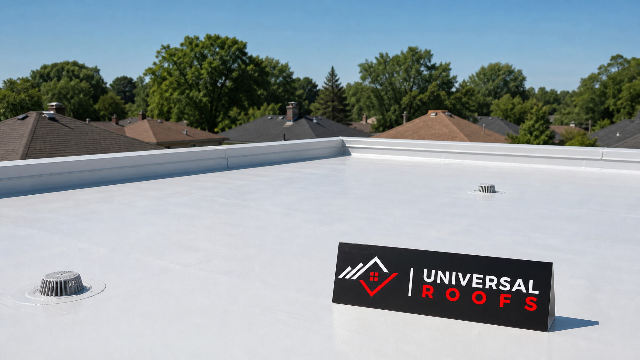 Finished eco-friendly waterproofed flat roof membrane on a Toronto home in summer daylight