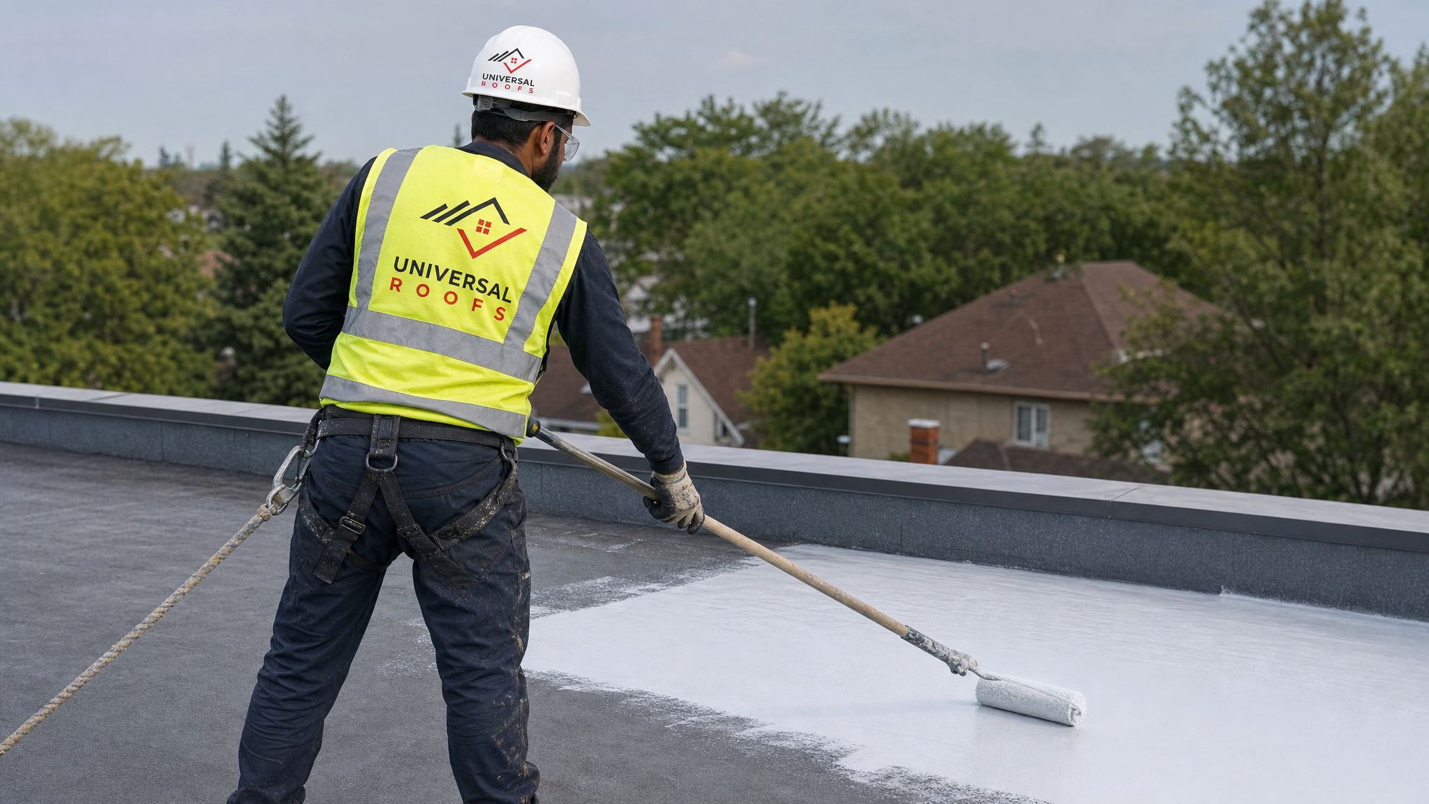 Roofing technician applying eco-friendly liquid waterproofing coating on a flat roof while wearing full safety harness and PPE