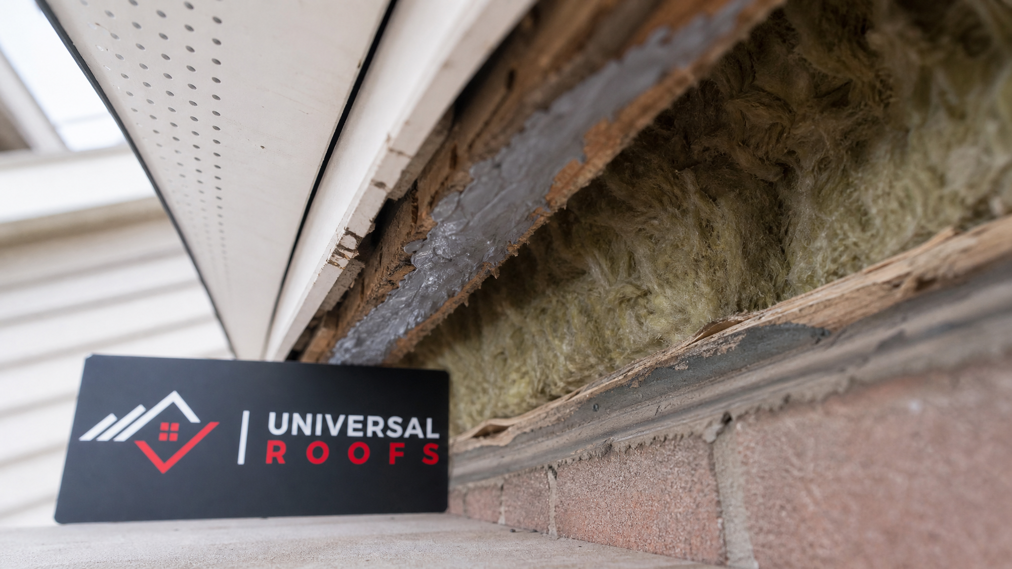 Close-up of intumescent fire-stop sealant and mineral wool packed into a soffit-to-wall junction during a repair