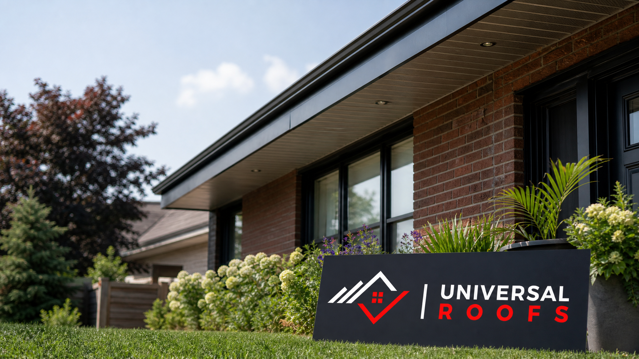Newly repaired soffit and fascia on a Toronto home showing clean fire-rated vinyl panels and painted aluminum fascia in summer daylight