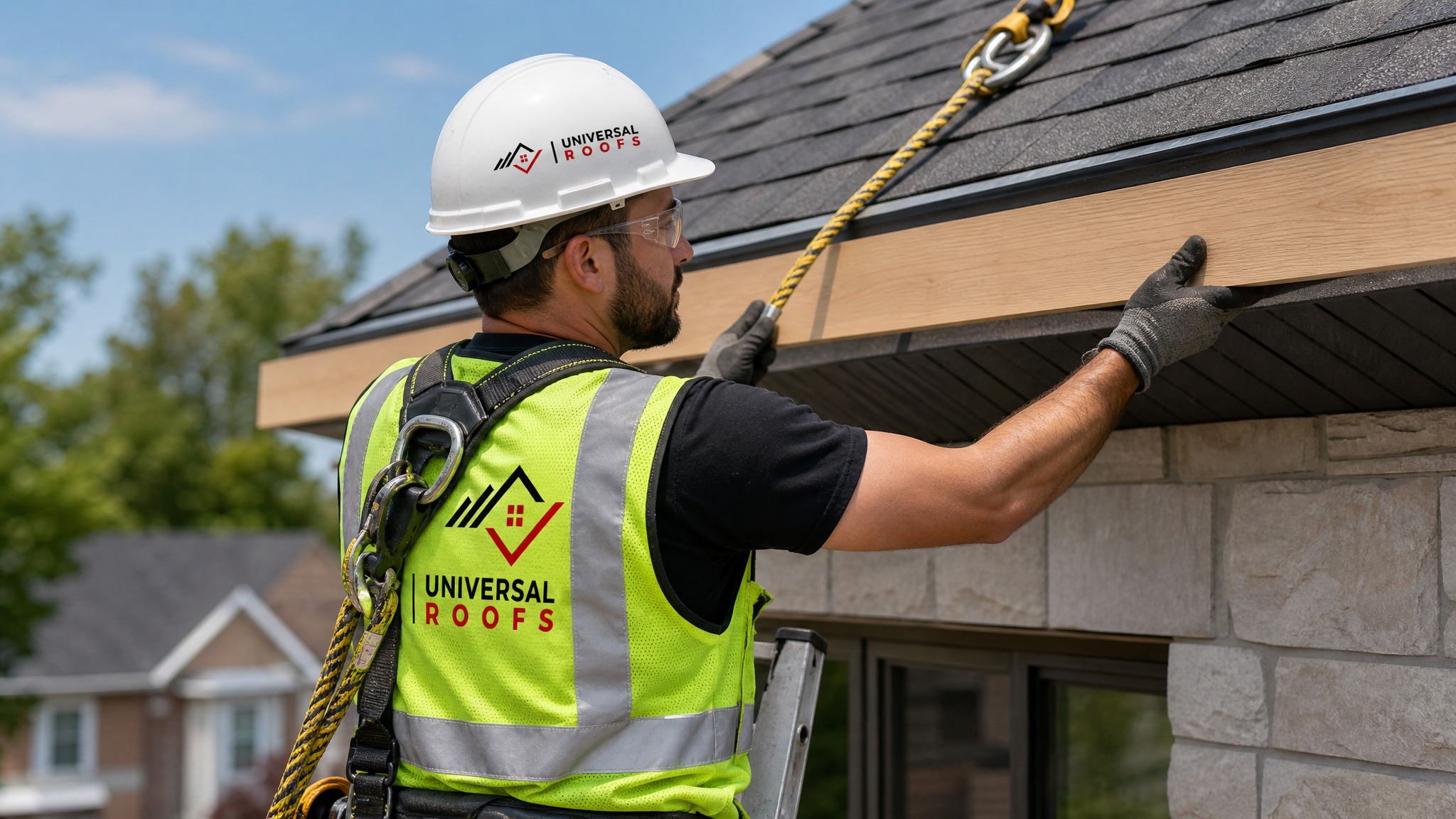 Roofer wearing full safety harness and PPE installing fire-retardant-treated fascia board along a roof edge on a Toronto home in summer