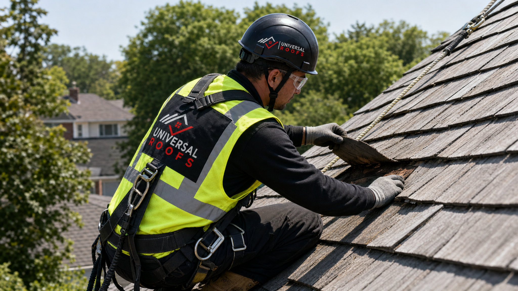 Roofing technician wearing full safety harness inspecting curling wood shake shingles on a steep roof slope