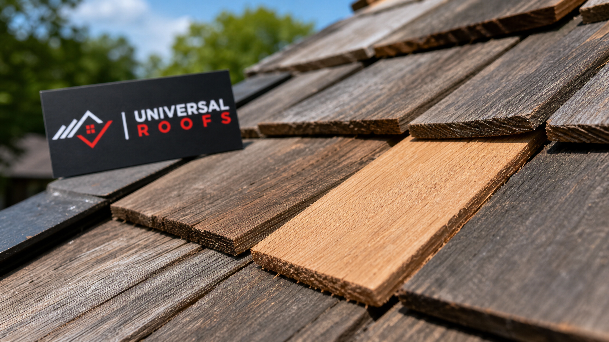 Close-up of a new cedar wood shake fitted into a roof slope with a Universal Roofs branded sign placard nearby