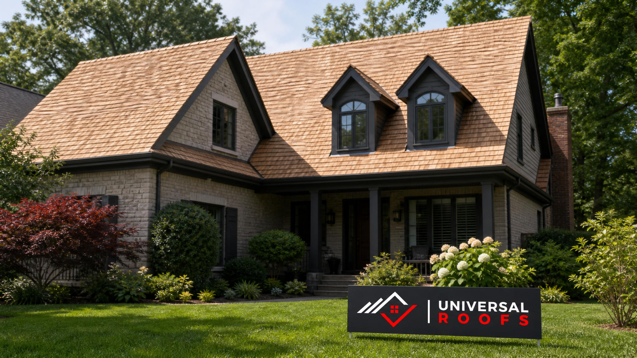 Restored cedar wood shake roof on a Toronto home in summer sunlight with a Universal Roofs sign placard beside it