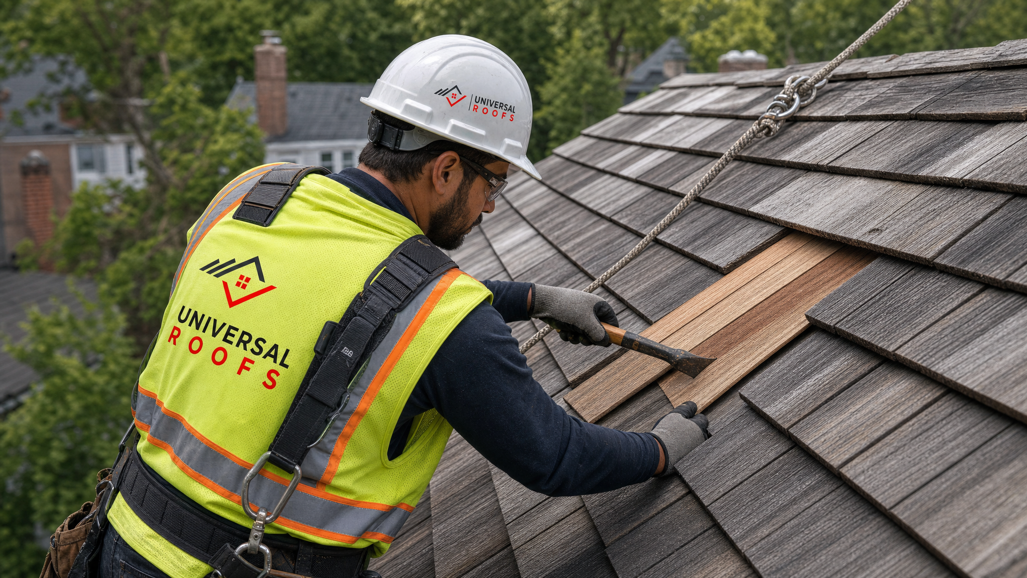 Roofer wearing full safety harness replacing individual cedar wood shakes on a steep roof slope in daylight