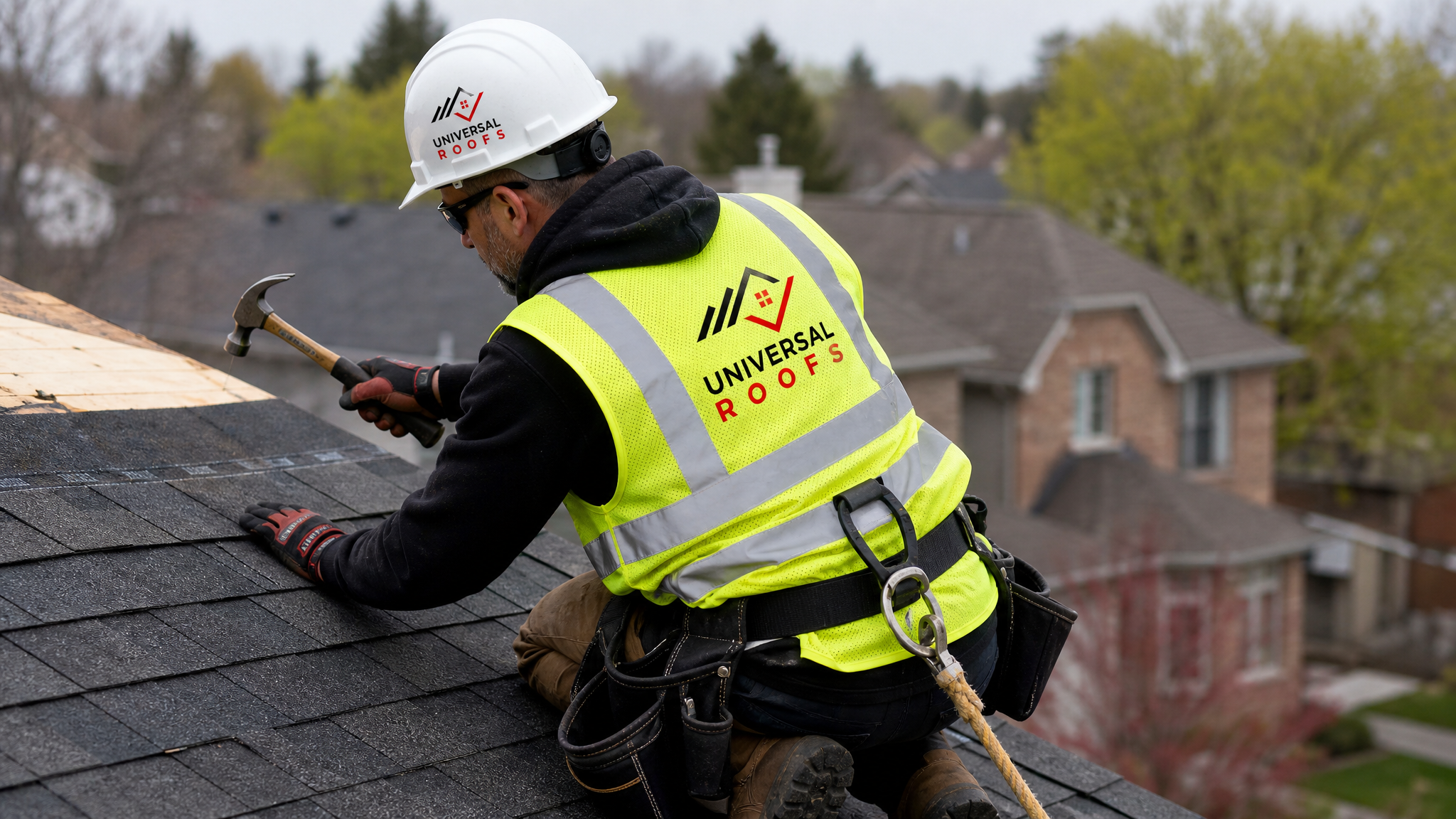 Roofer wearing hard hat, hi-vis vest, safety glasses, gloves, and fall-protection harness nailing down a shingle on a sloped roof in daylight