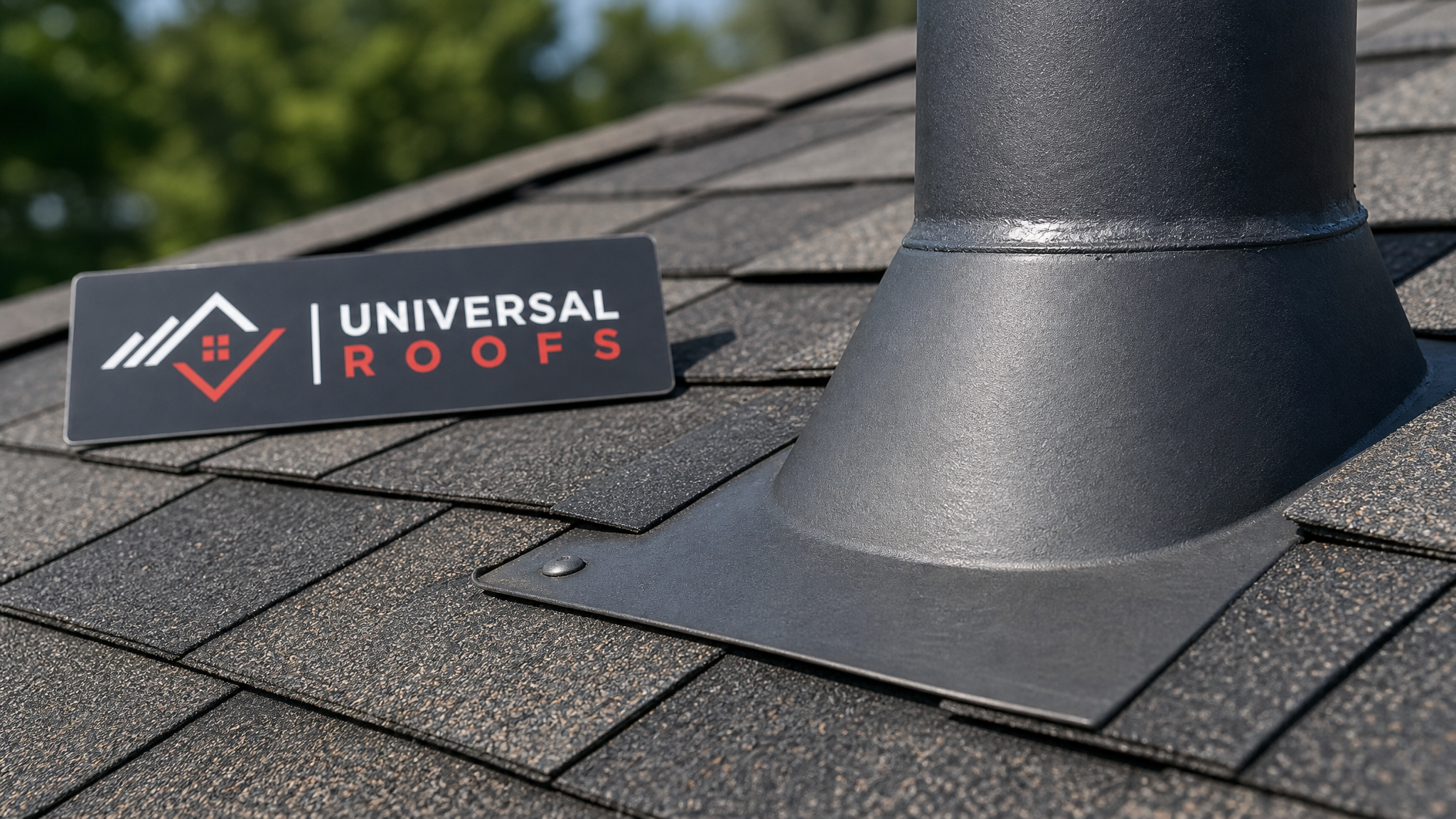 Close-up detail of a metal vent fan flashing collar and base plate woven into asphalt shingles