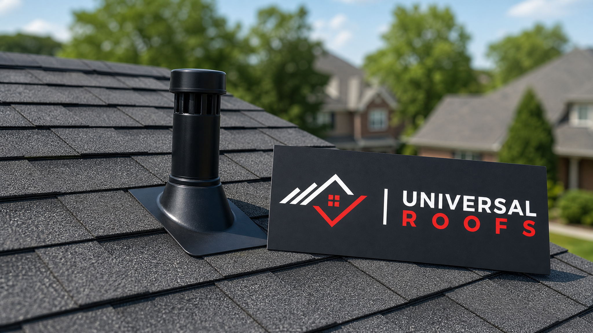 Finished asphalt shingle roof with a properly installed metal vent fan flashing boot on a sunny summer day in a Toronto suburb