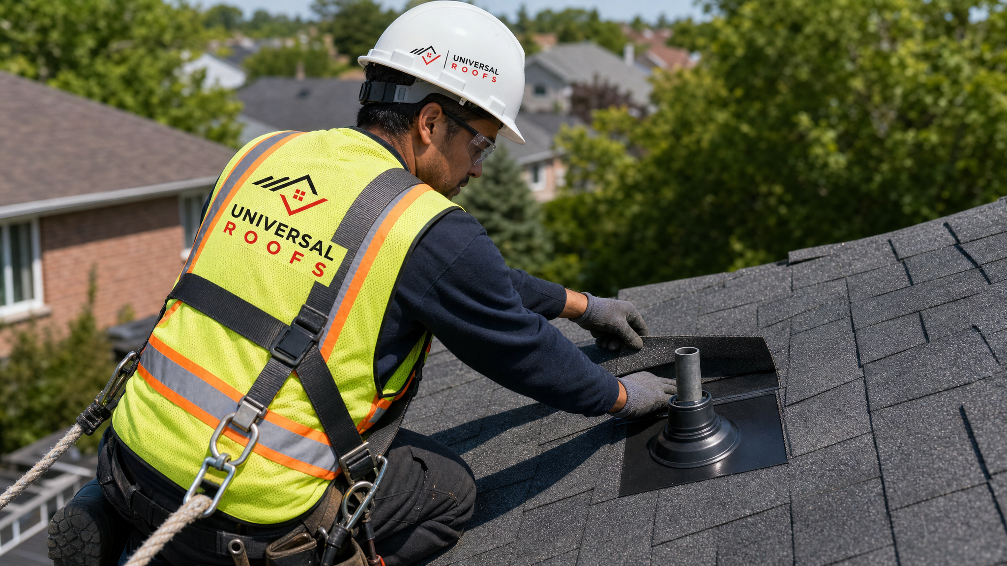 Roofer wearing full safety harness and PPE installing metal vent fan flashing on a residential asphalt shingle roof in the GTA