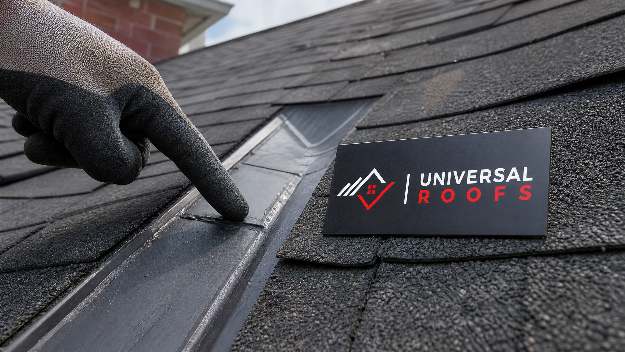 Close-up of roof flashing and shingle detail being examined during a pre-renovation roof inspection, with a Universal Roofs branded sign placard nearby