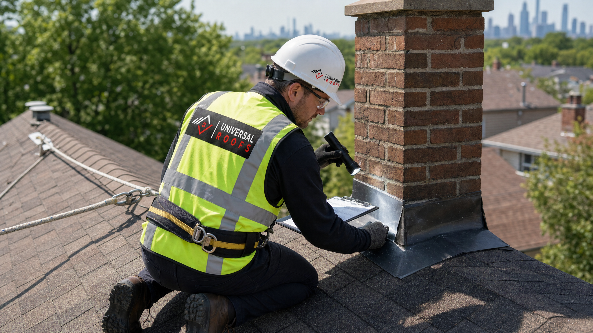 Roofer wearing full safety harness and PPE inspecting attic ventilation and roof flashing on a Toronto home during a pre-renovation roof inspection
