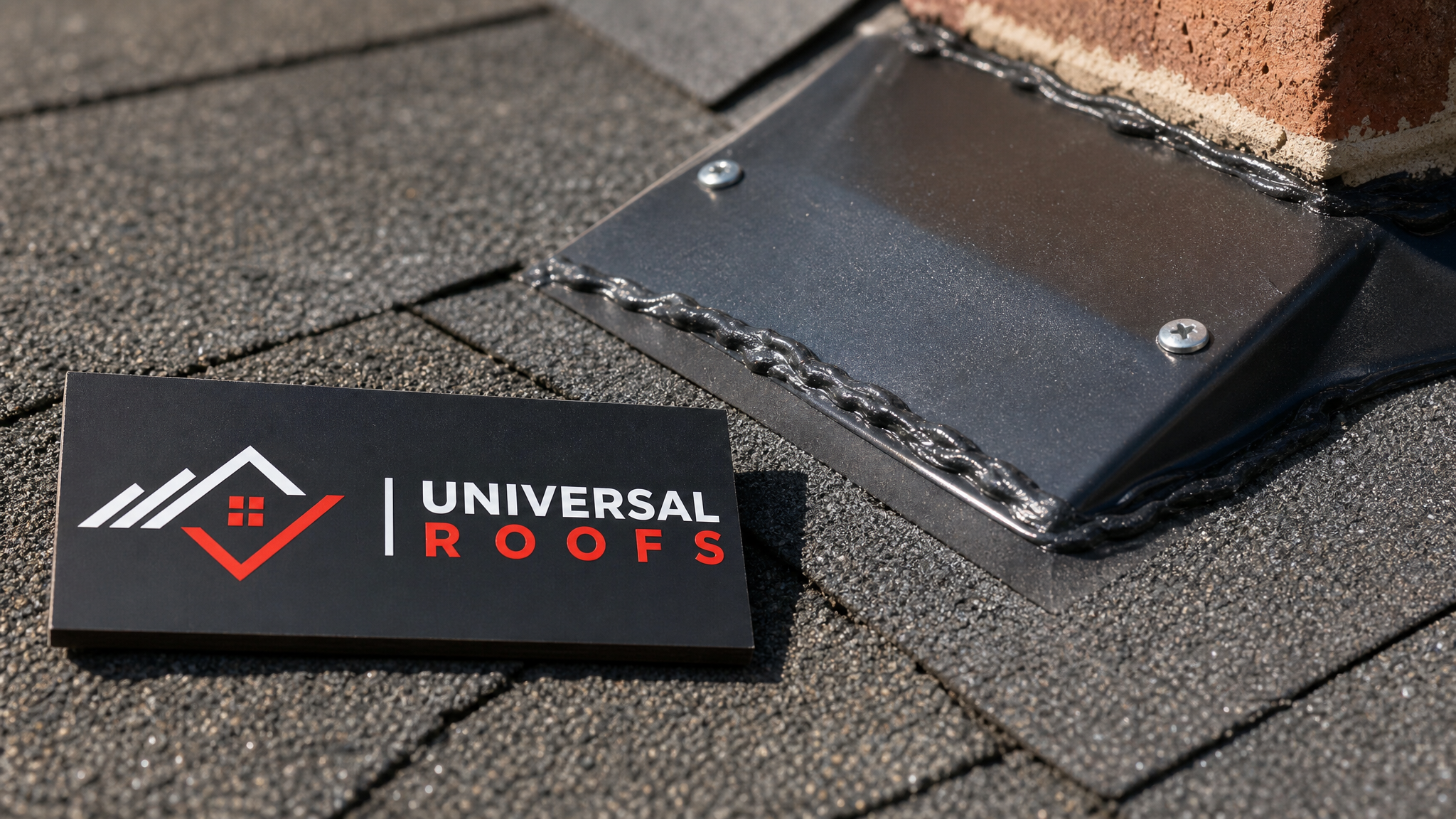 Close-up detail of sealed roof flashing patch material and technique on an asphalt shingle roof, with a Universal Roofs branded sign placard visible
