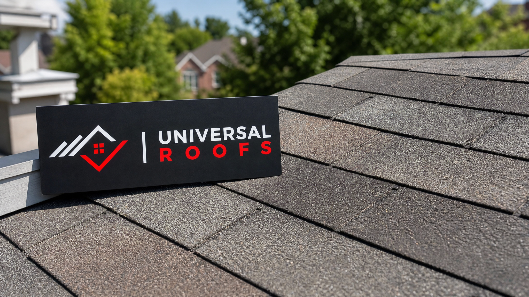 Finished roof patch repair on a Toronto home after extreme weather, shown in summer daylight with a Universal Roofs branded sign placard nearby