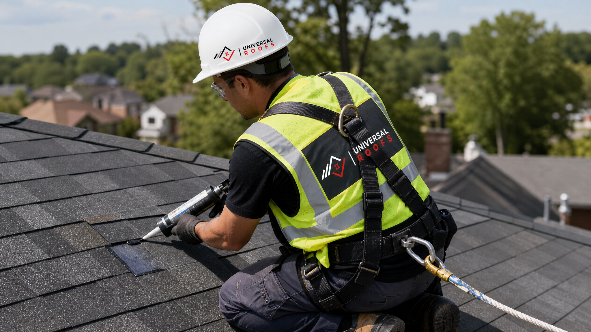 Universal Roofs technician wearing full safety harness applying roof patch sealant during a repair on a sloped roof in Toronto