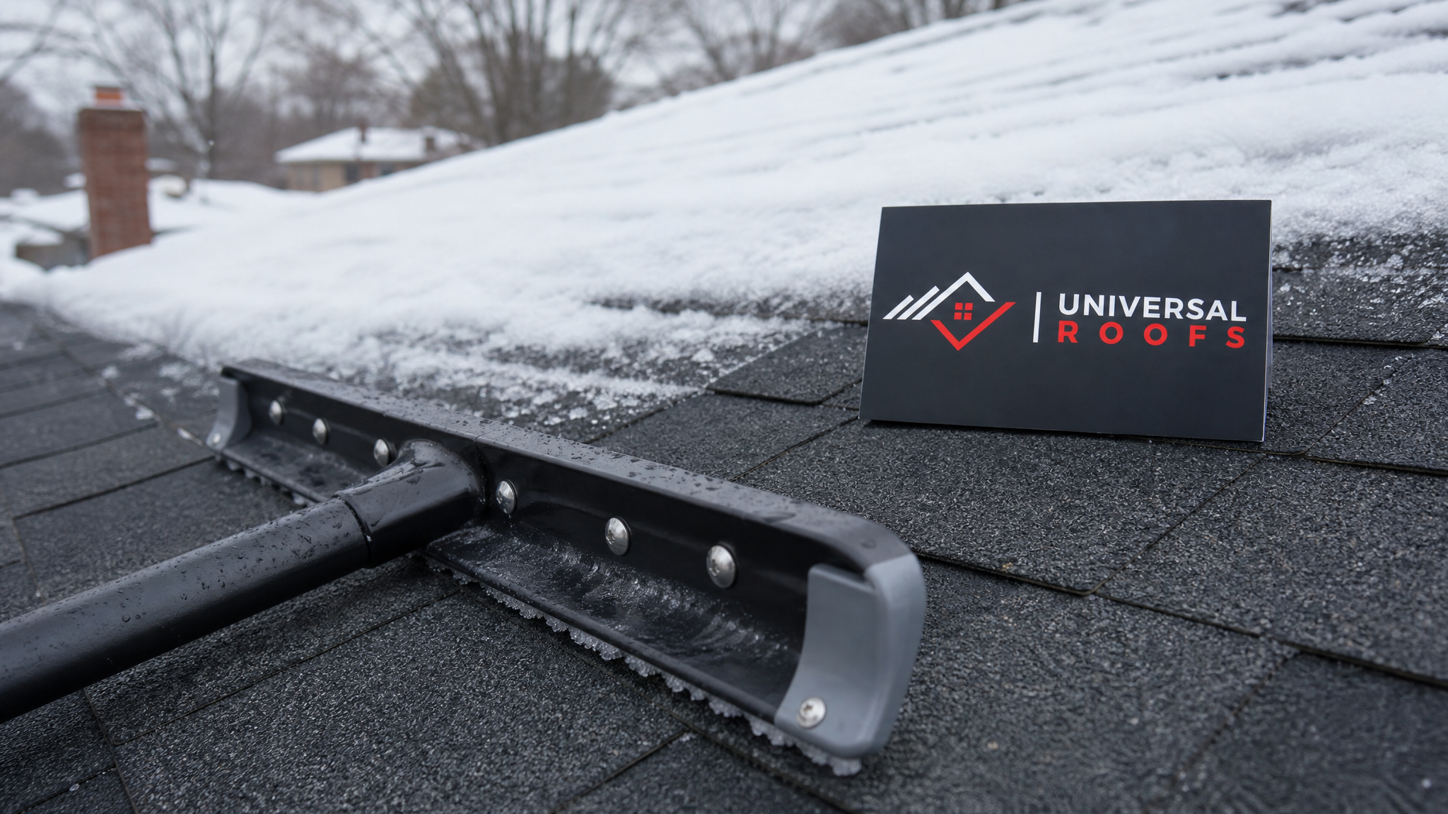 Close-up of a plastic-edged roof rake and a thin protective layer of snow left intact on asphalt shingles after professional snow removal, with a Universal Roofs branded sign placard visible nearby