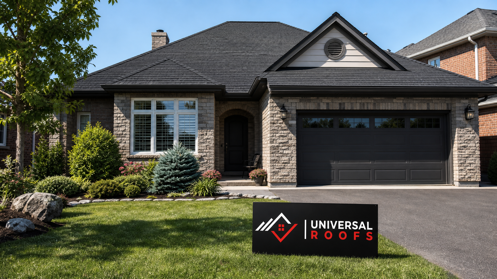 Snow-free residential roof in a Toronto neighbourhood on a clear day after professional roof snow removal, with a Universal Roofs sign placard resting on the lawn