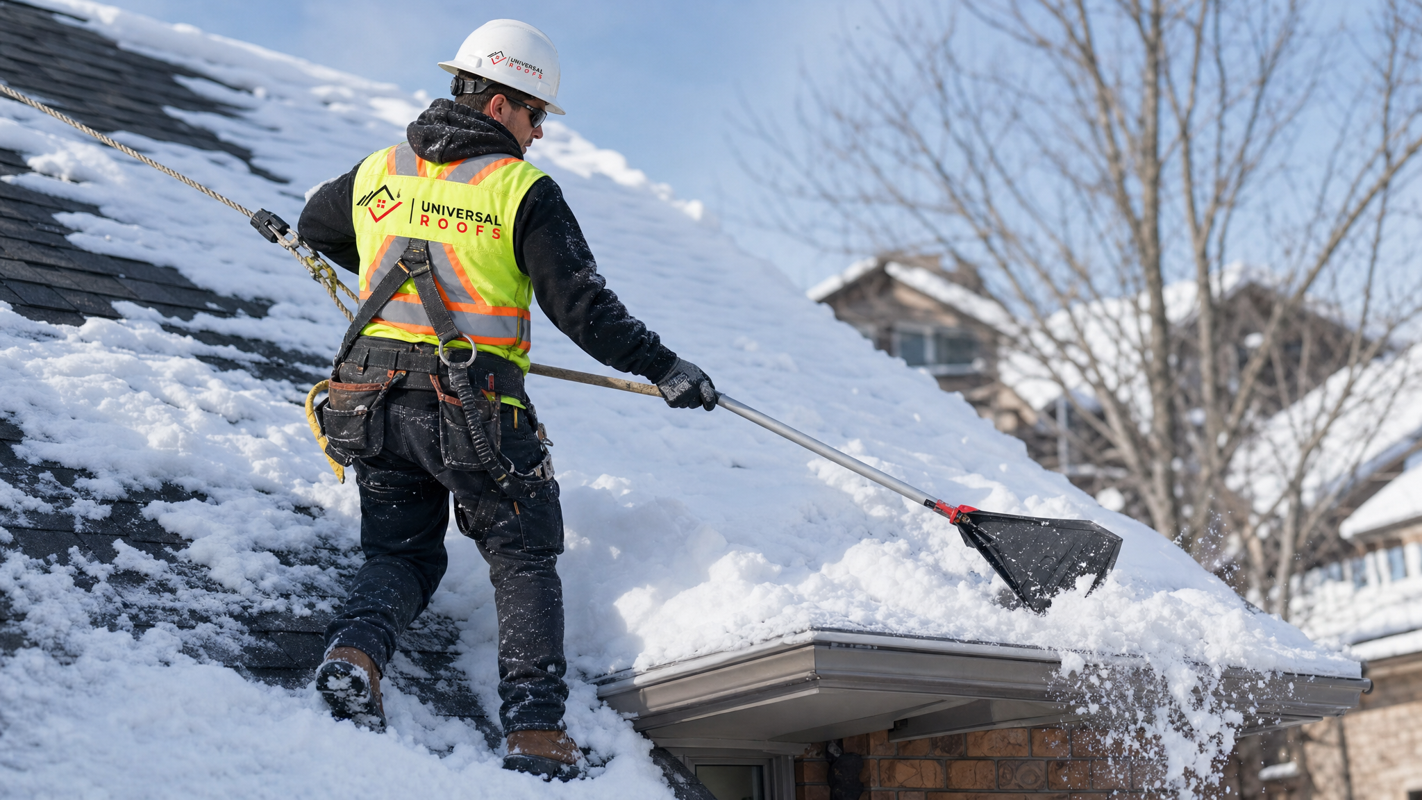 Roofing technician wearing a hard hat, high-visibility vest, safety glasses, gloves, and a fall-protection harness with rope while clearing snow from a residential roof edge with a plastic roof rake in a Toronto neighbourhood