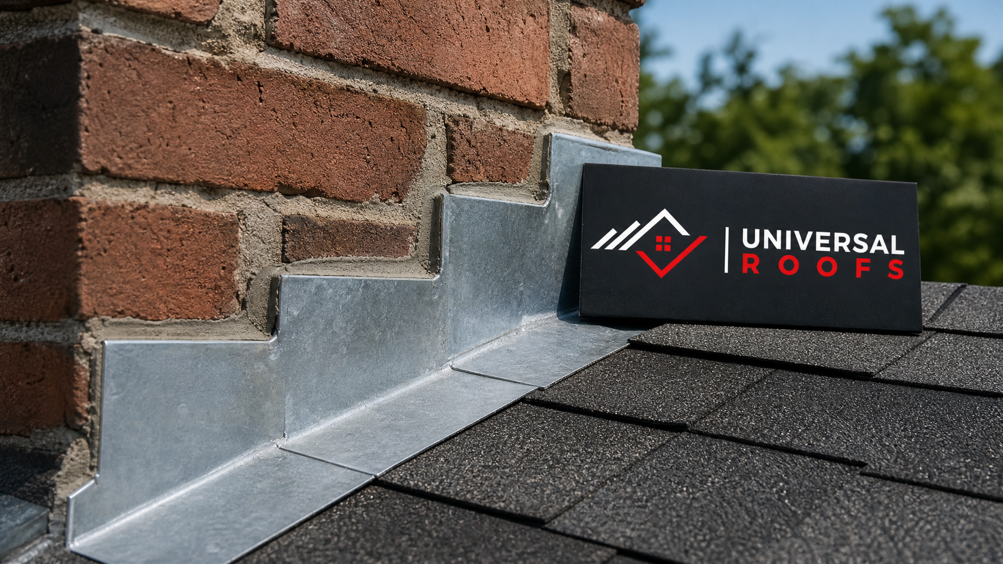 Close-up detail of new step flashing and counter-flashing installed into a mortar reglet around a chimney