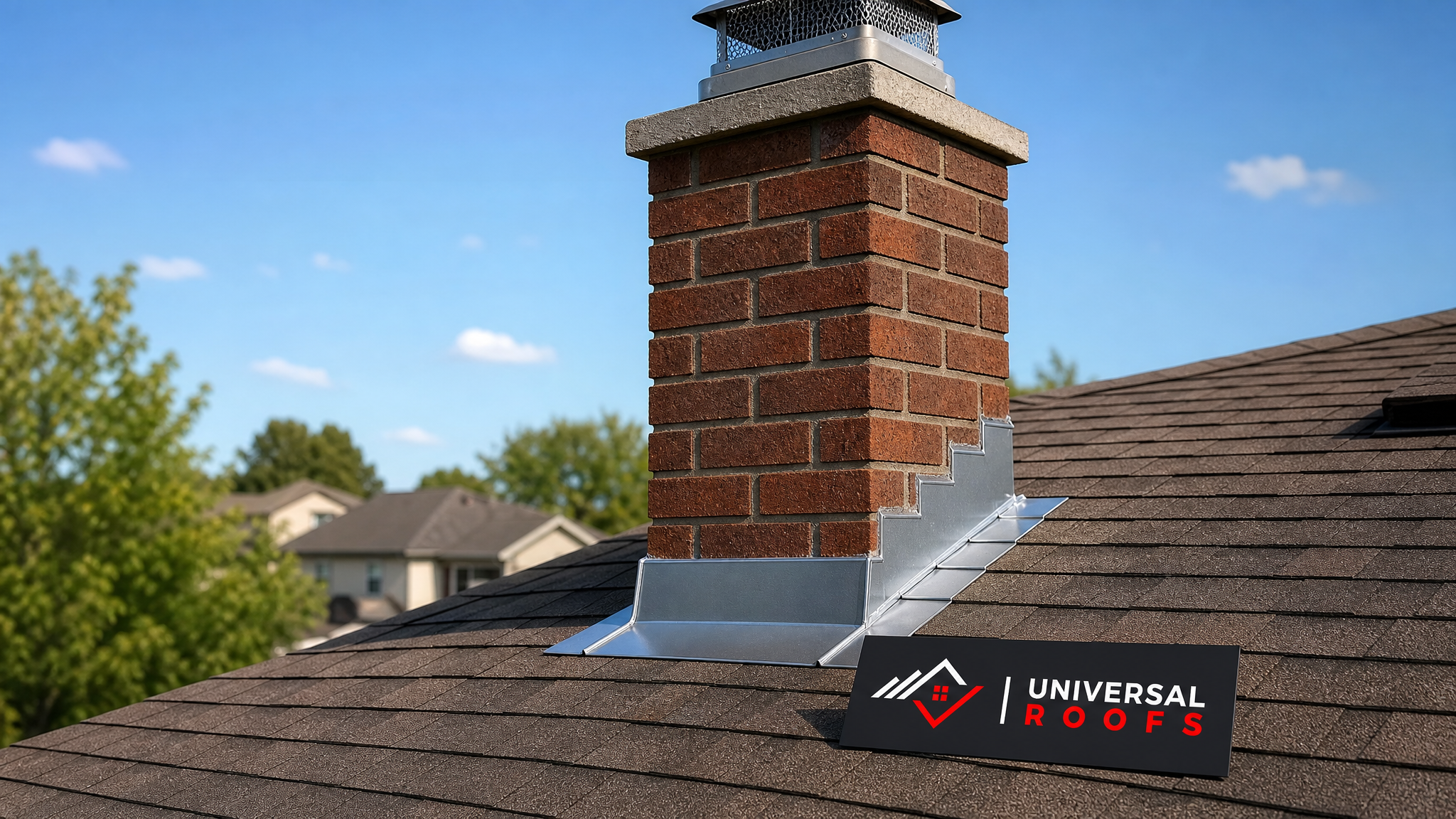 Newly repaired chimney flashing on a Toronto home roof in summer daylight with a Universal Roofs branded sign placard nearby