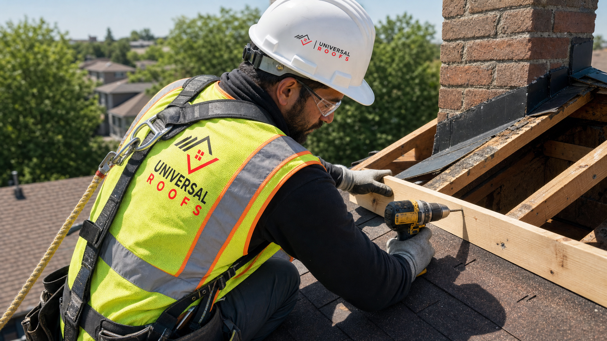 Roofer wearing full safety harness and PPE sistering a wood truss member near a chimney on a Toronto roof