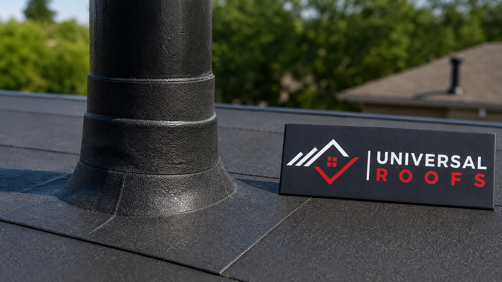 Close-up of new self-adhered membrane flashing detail wrapped around a roof vent pipe on a flat roof