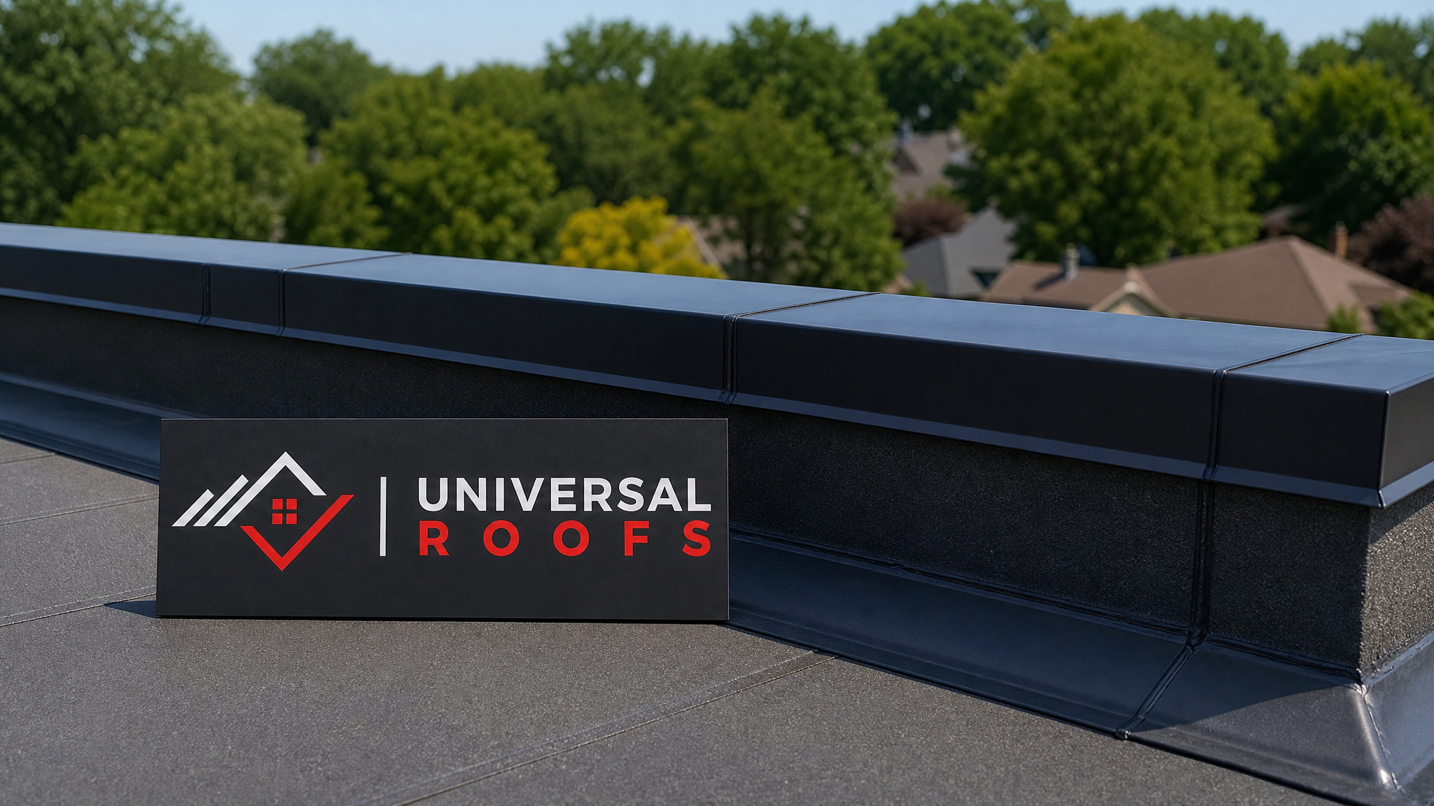 Newly repaired flat roof flashing along a parapet wall on a Toronto home under clear summer sky