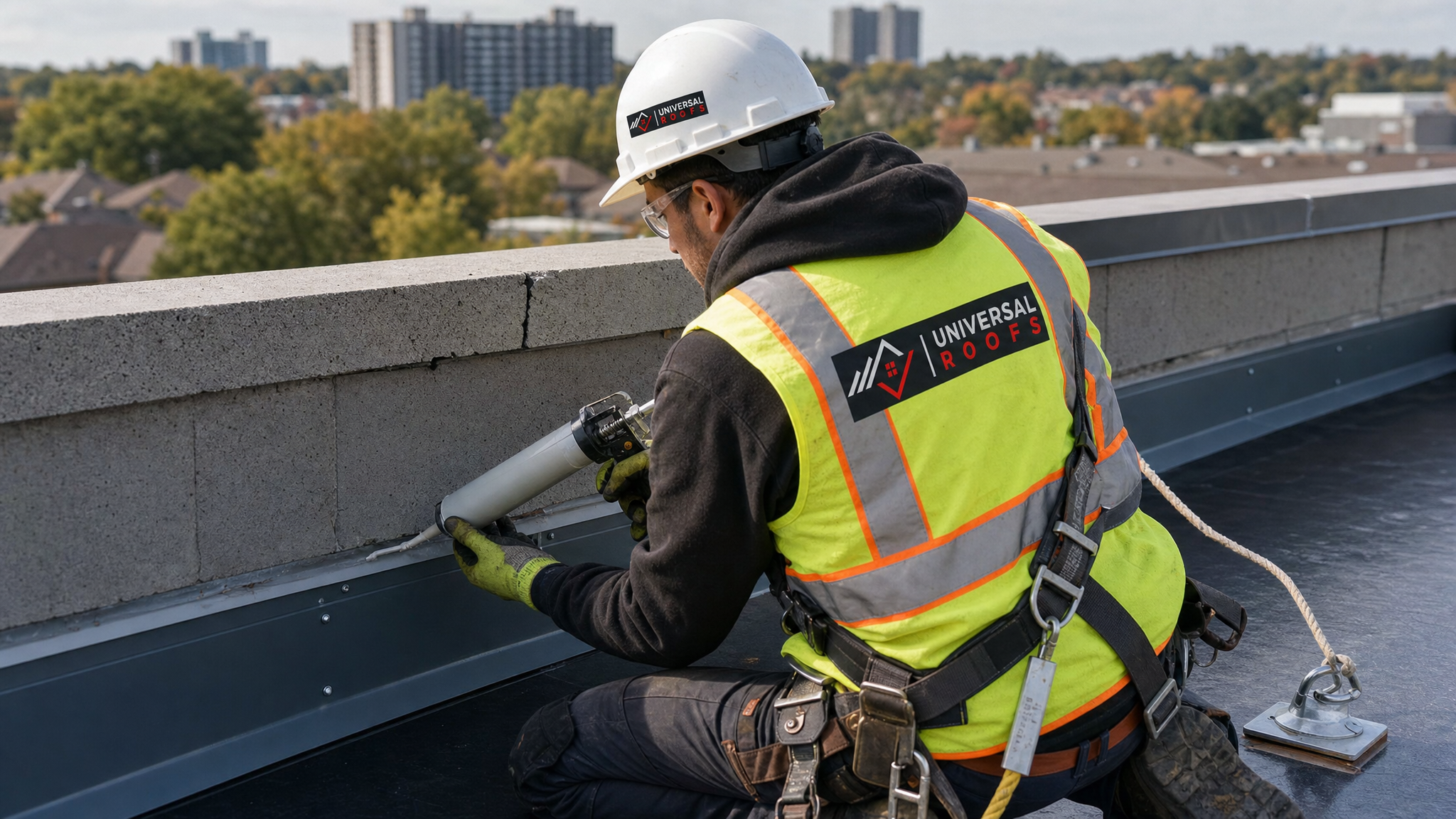Roofer wearing full safety harness and PPE installing new metal counter-flashing along a parapet wall on a flat roof