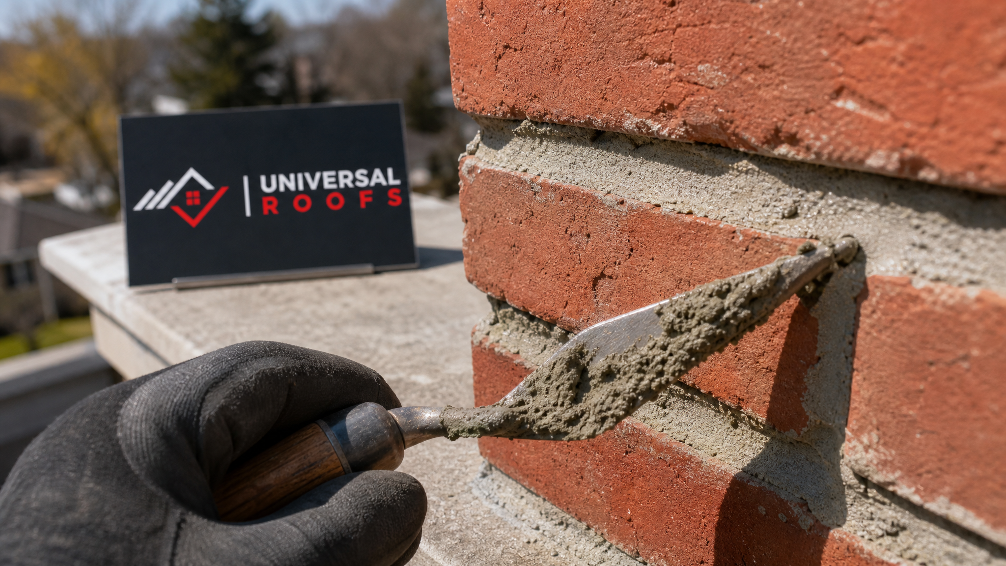 Close-up of fresh grey mortar being packed into a brick chimney joint with a pointing trowel