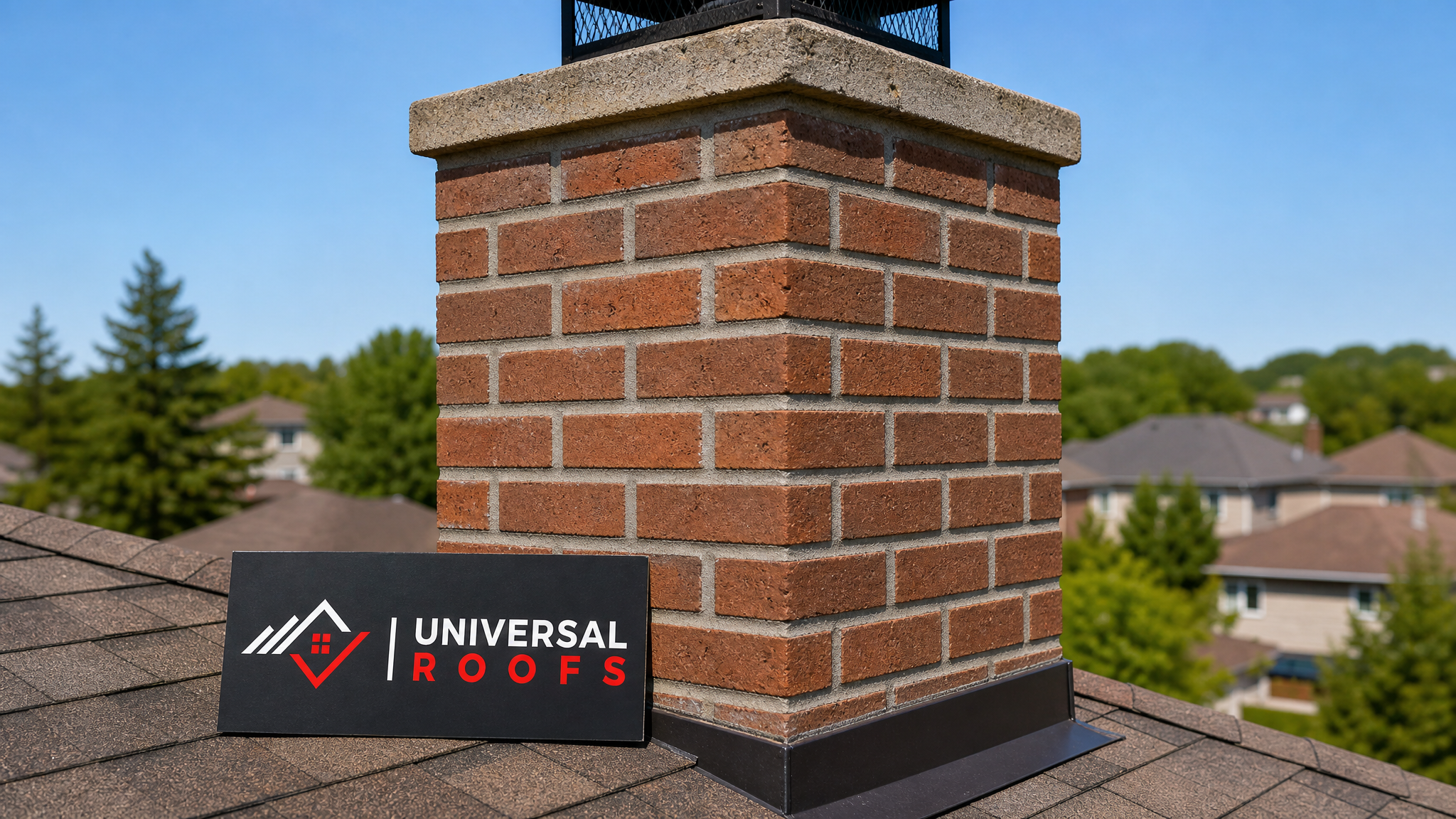 Freshly repointed brick chimney with clean grey mortar joints against a blue summer sky in a Toronto neighbourhood