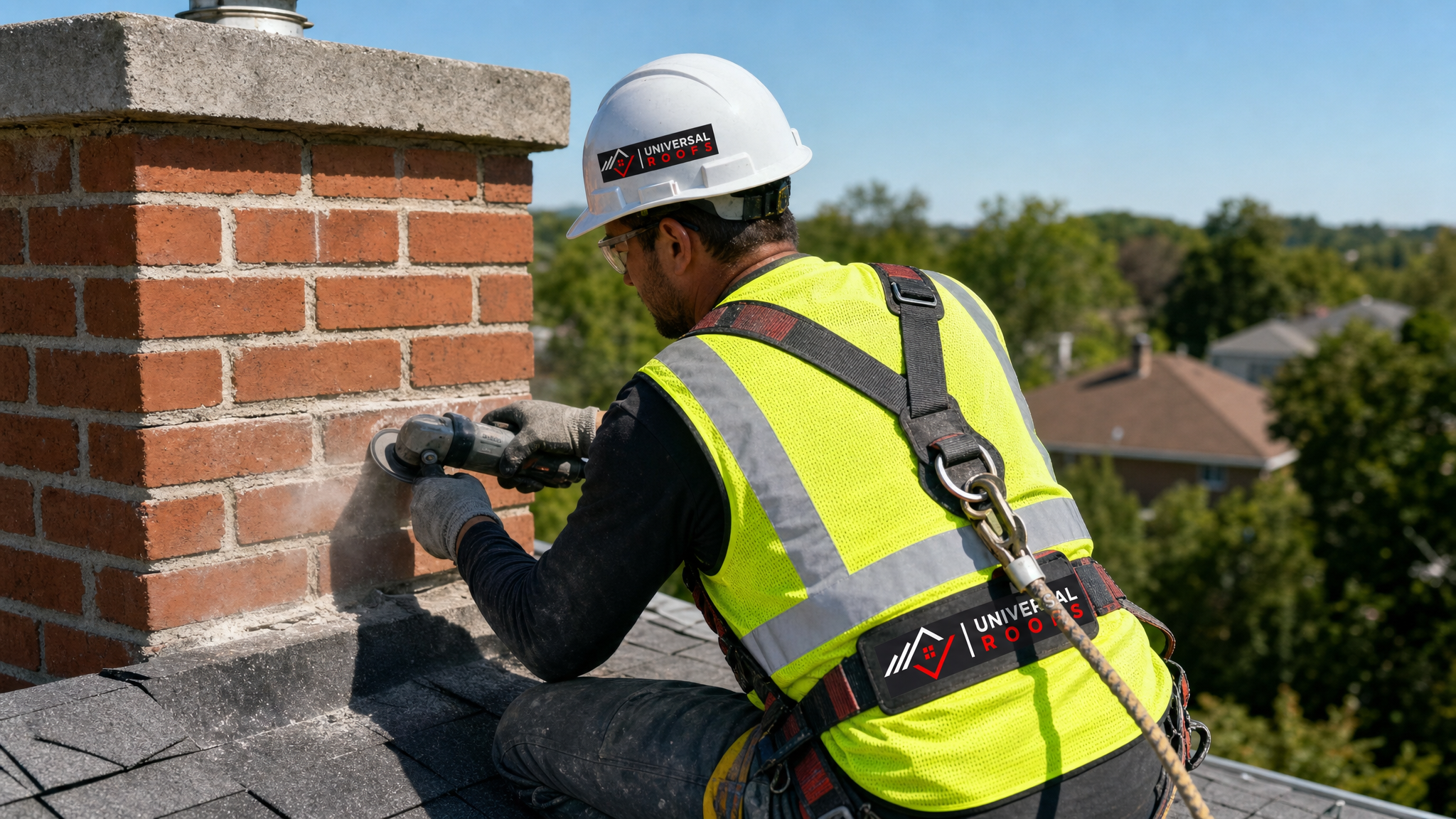 Roofing technician wearing full safety harness grinding out deteriorated mortar joints on a brick chimney