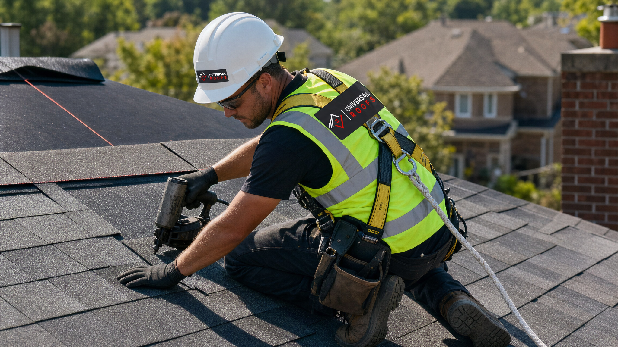Roofer wearing full safety harness and PPE installing a replacement shingle on a residential Toronto roof