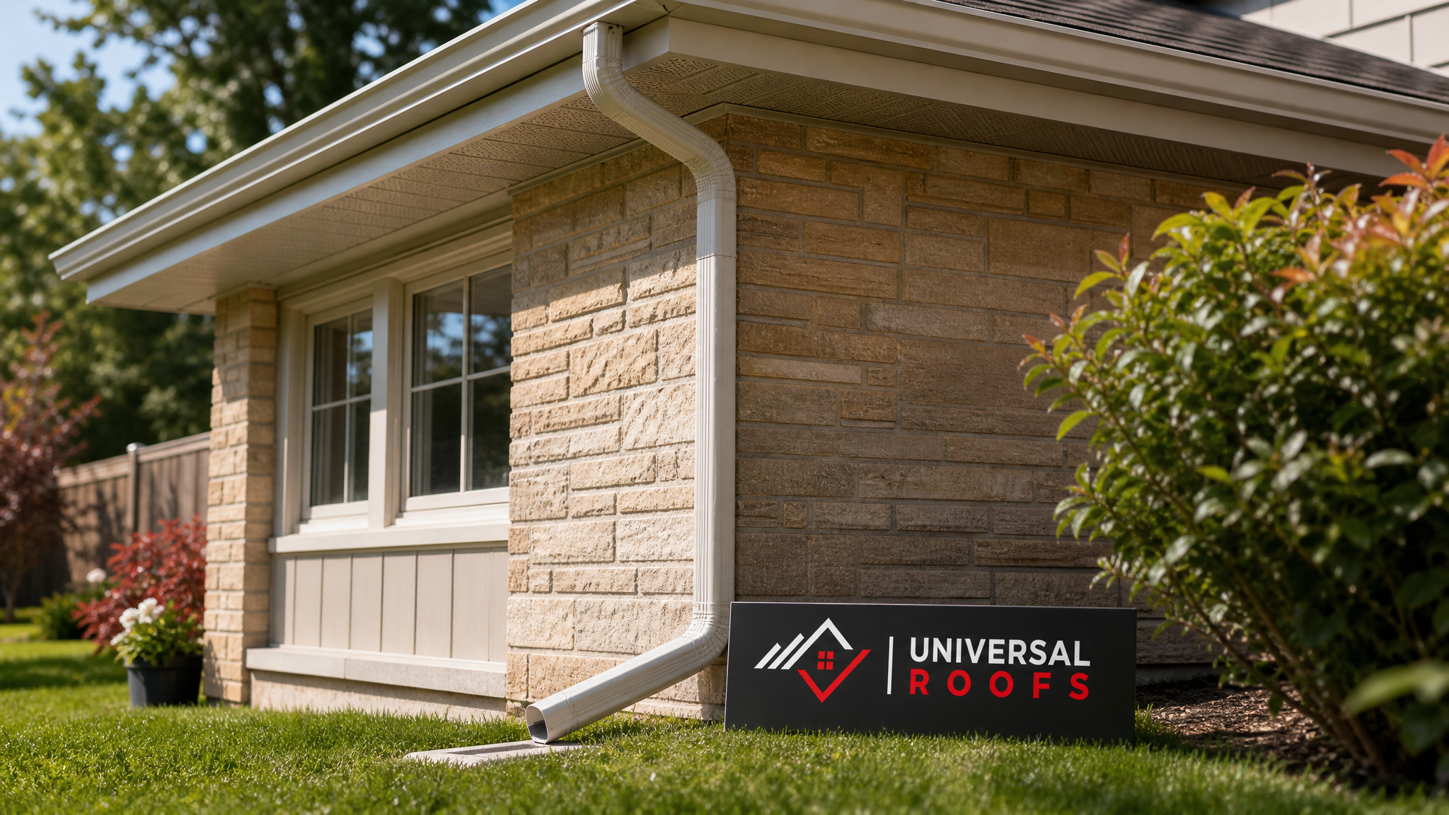 Freshly repaired seamless aluminum gutter and downspout system on a GTA home in summer daylight with no visible leaks or staining