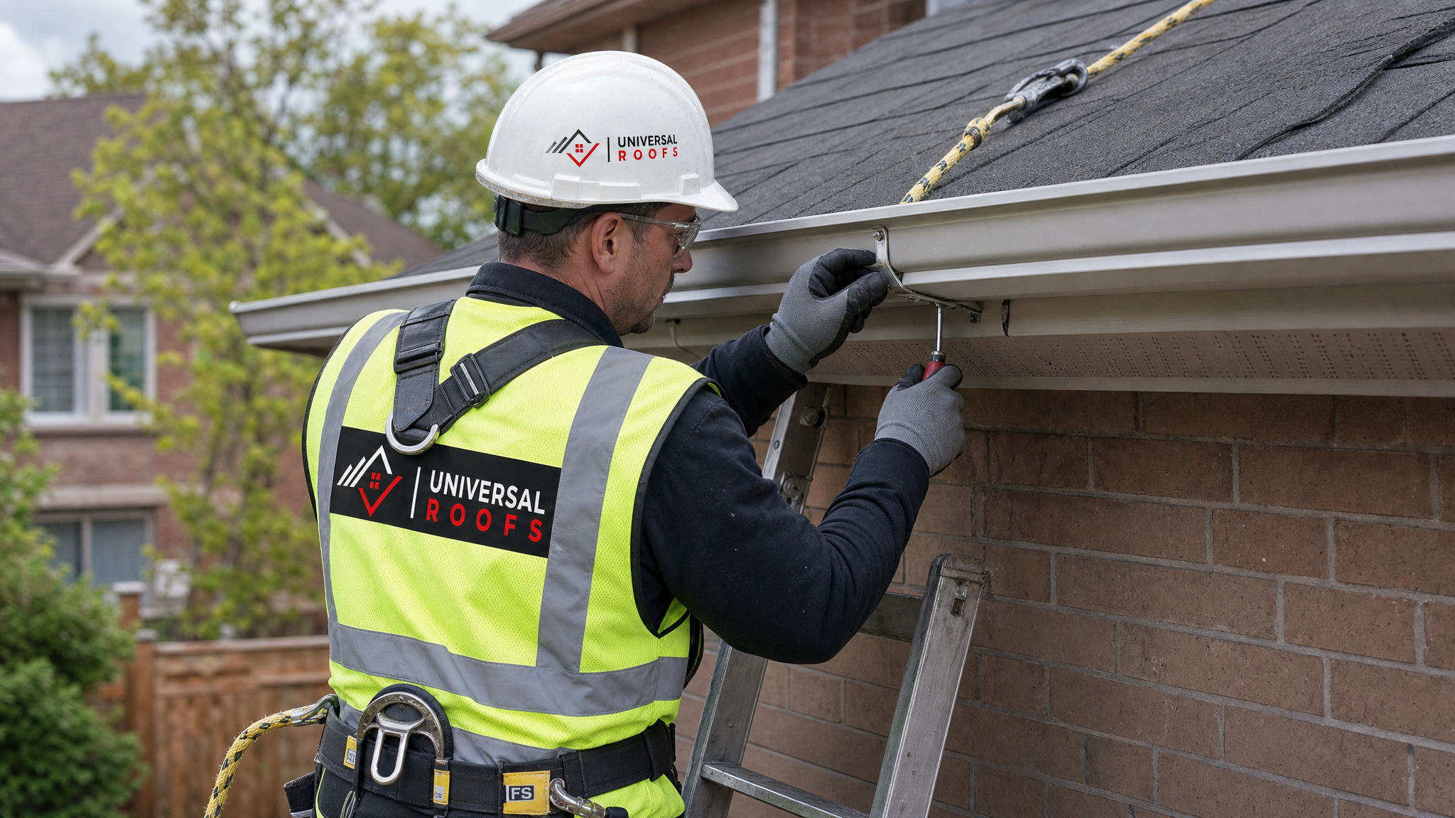 Roofer wearing full safety harness and PPE re-securing a gutter hanger bracket along the eave of a home in the GTA
