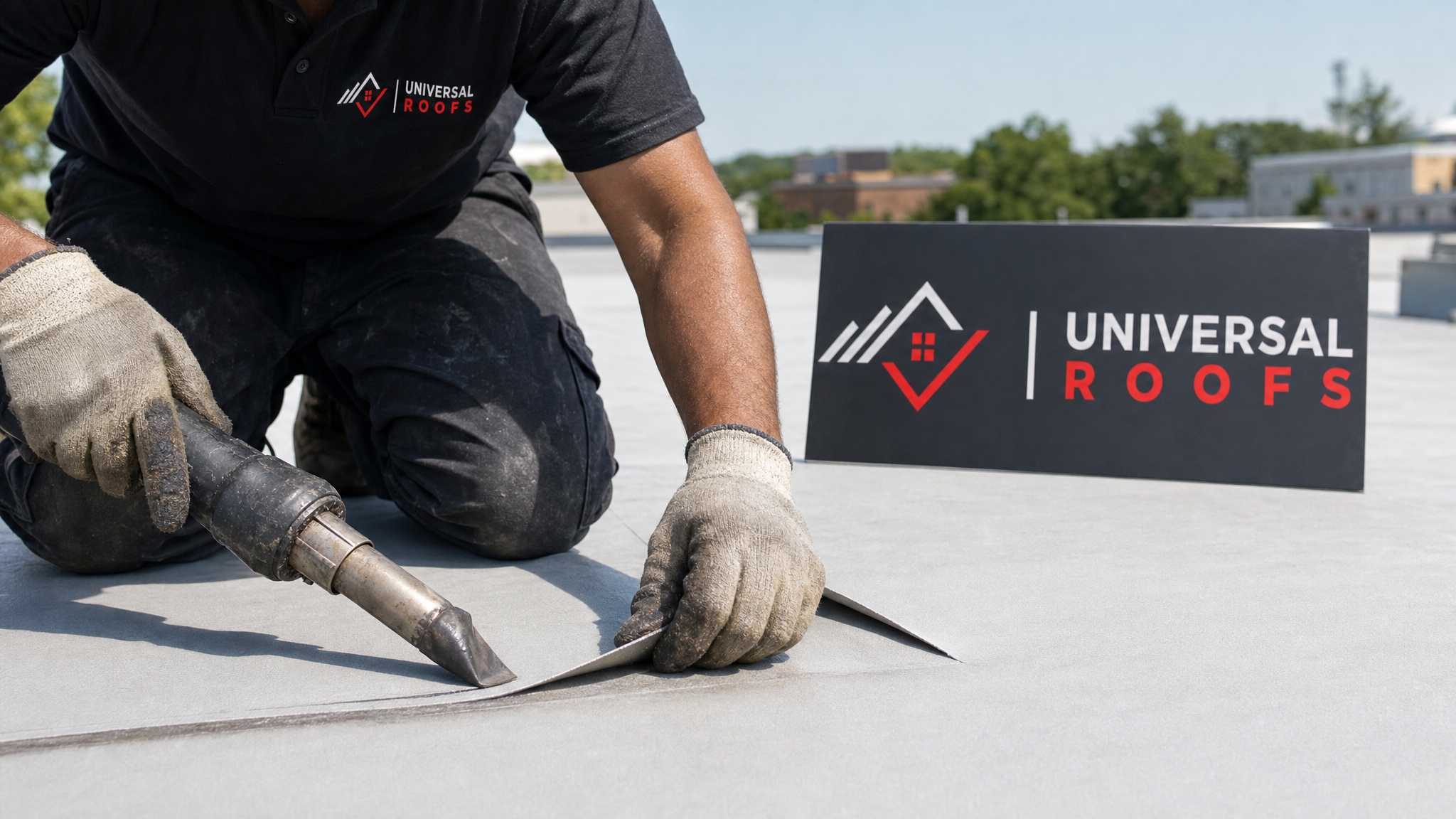 Close-up of a commercial roof membrane seam repair with heat-welded seal and a Universal Roofs branded sign placard visible nearby