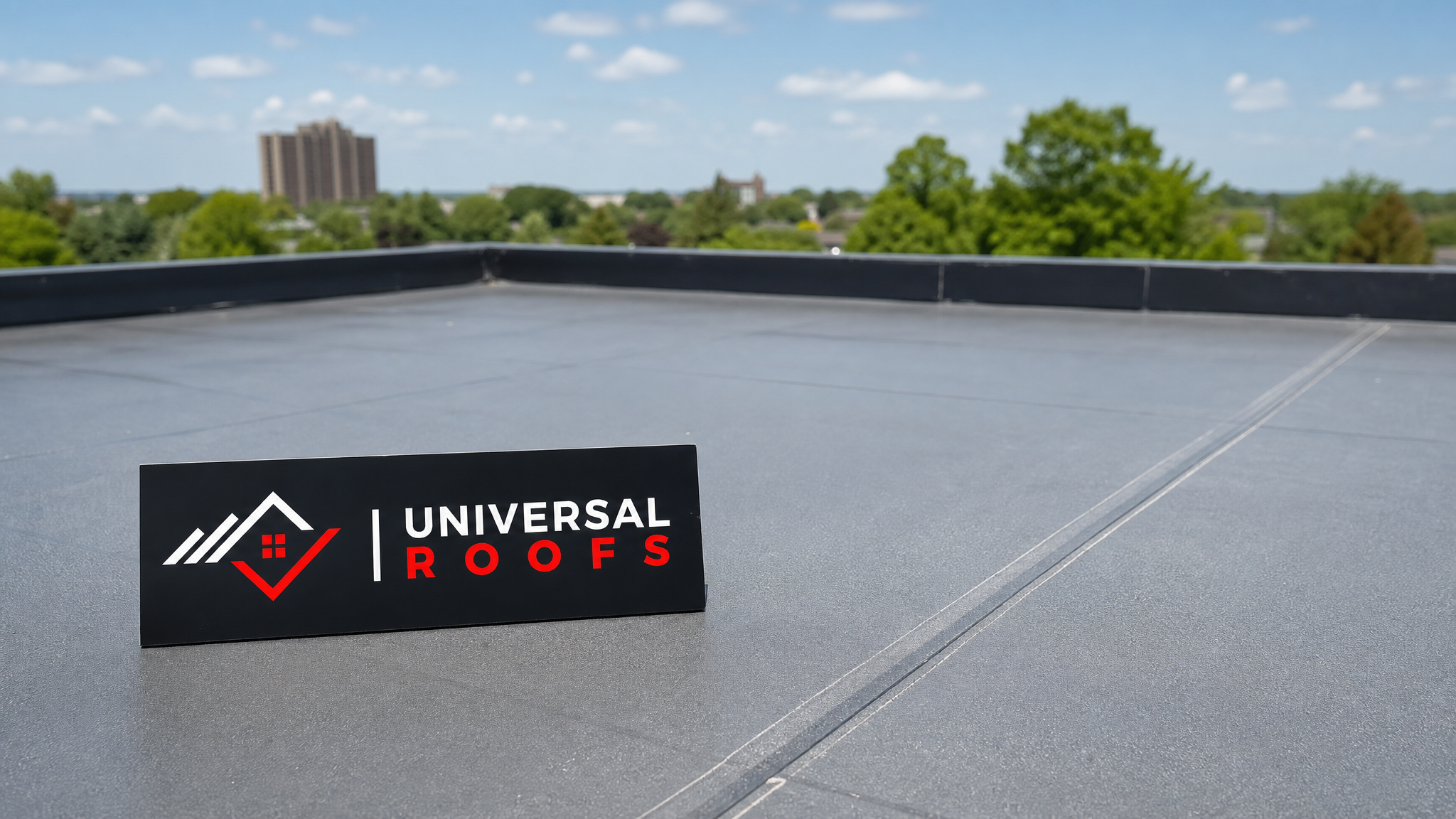 Finished commercial flat roof repair on a Toronto building under clear summer sky with a Universal Roofs branded sign placard resting nearby