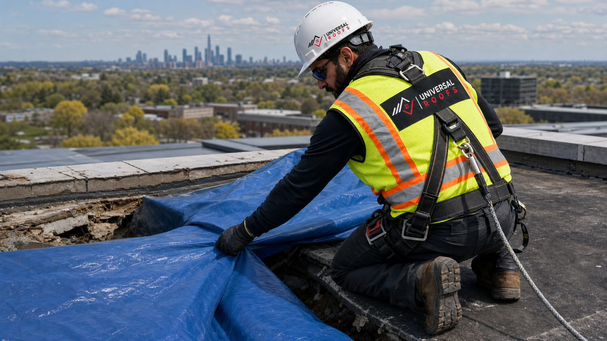 Roofer wearing full safety harness and PPE tarping a section of a commercial flat roof during an emergency repair call in Toronto