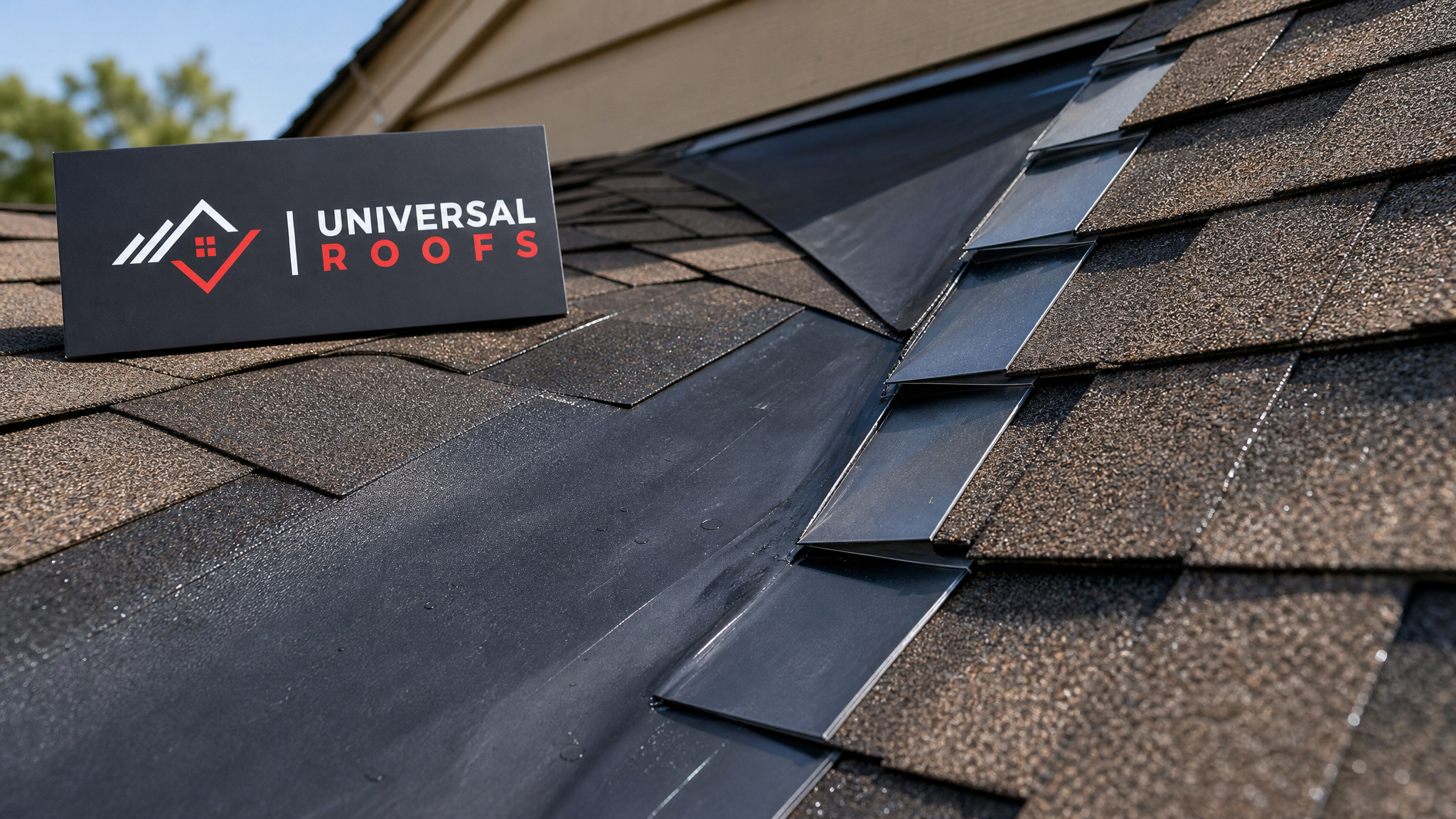 Close-up detail of properly lapped ice-and-water membrane and step flashing at a roof valley in the GTA