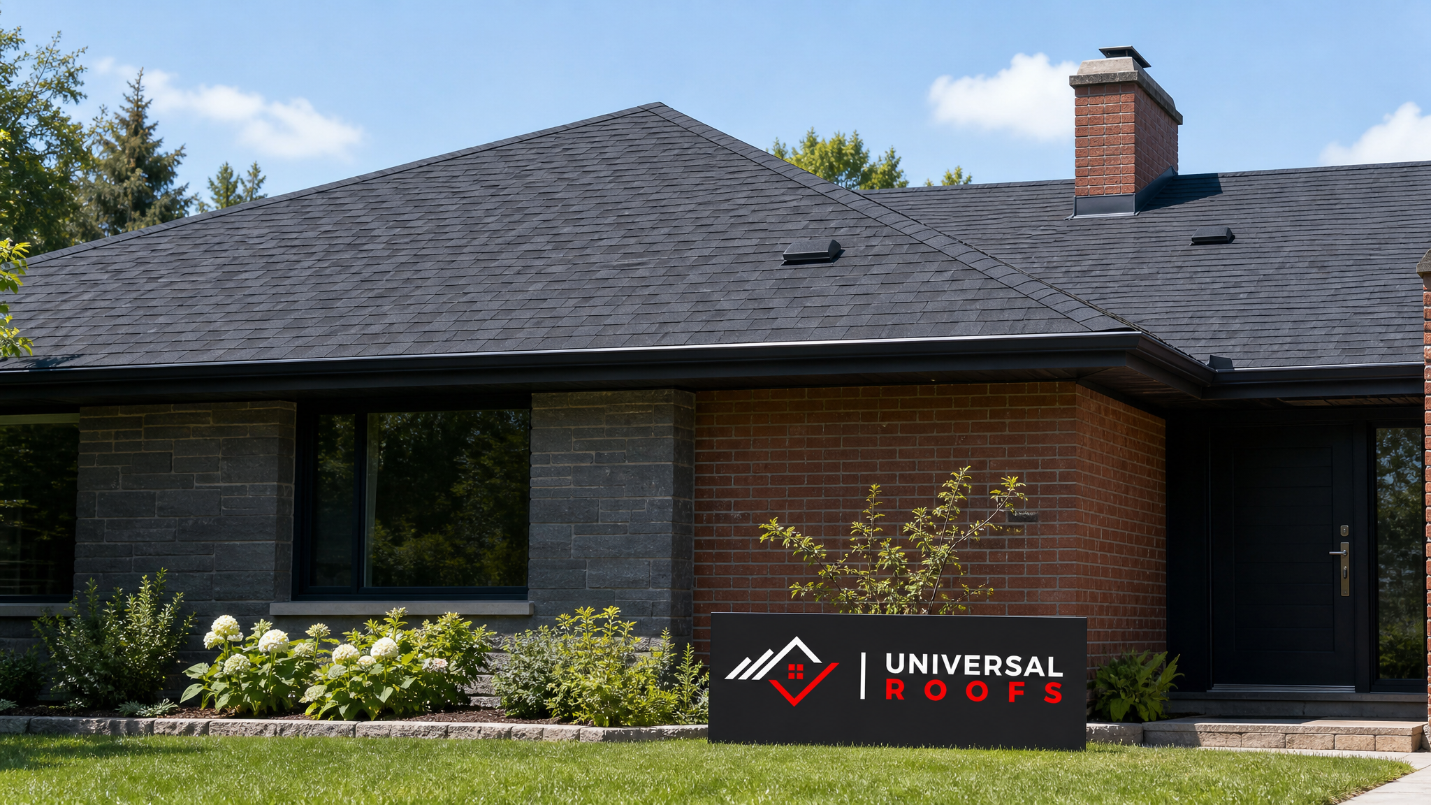 Freshly repaired asphalt shingle roof on a Toronto home in summer daylight with no visible leak staining