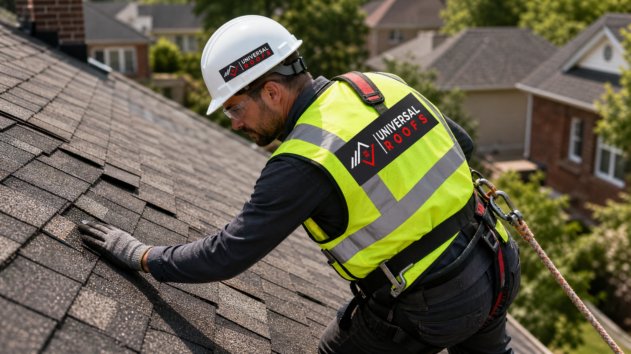 Roofer wearing full safety harness and PPE inspecting curled shingles and granule loss on a residential roof in Toronto