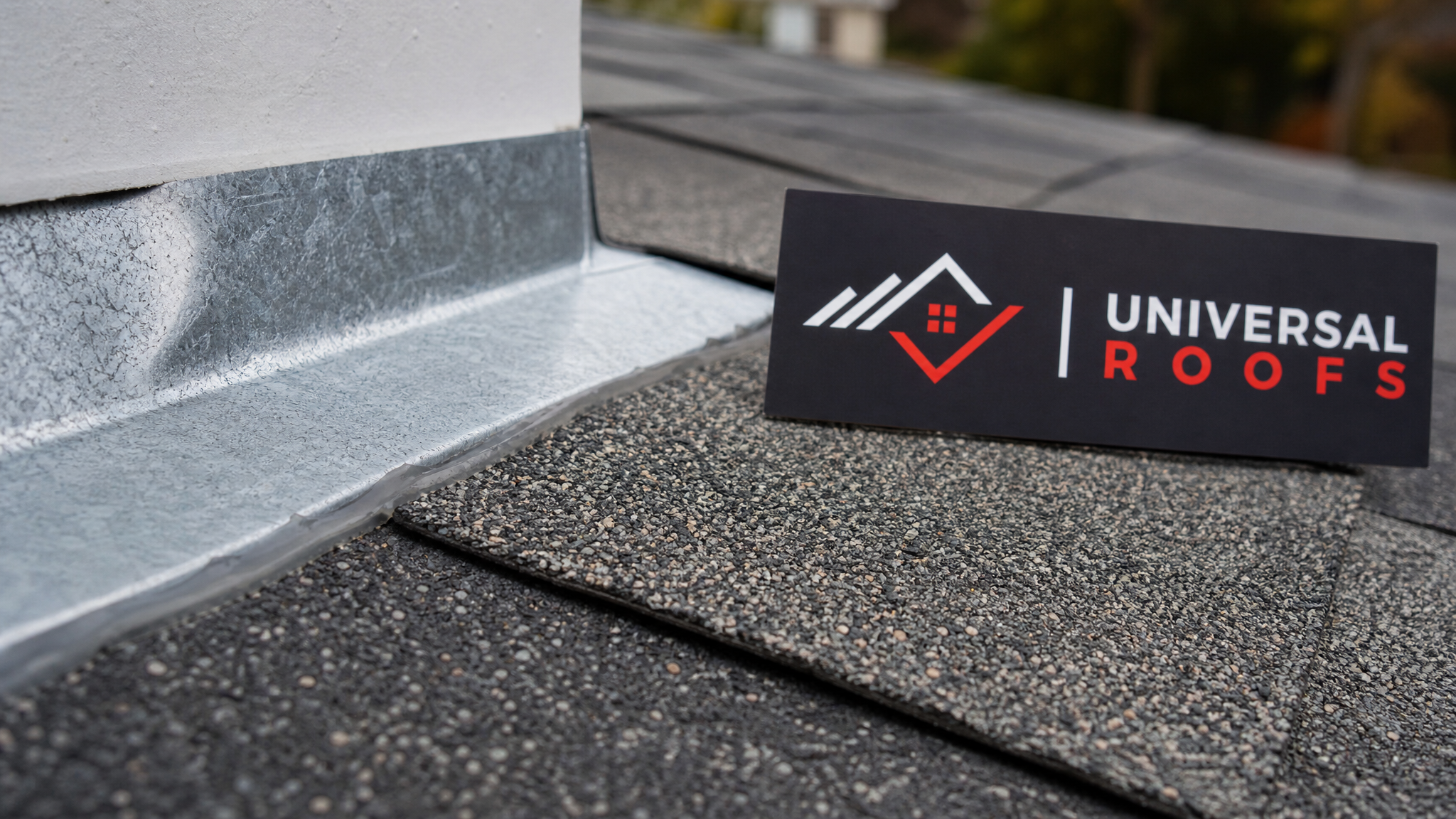 Close-up detail of a recycled-content asphalt shingle patch and galvanized metal flashing seam, showing clean overlap and sealant application