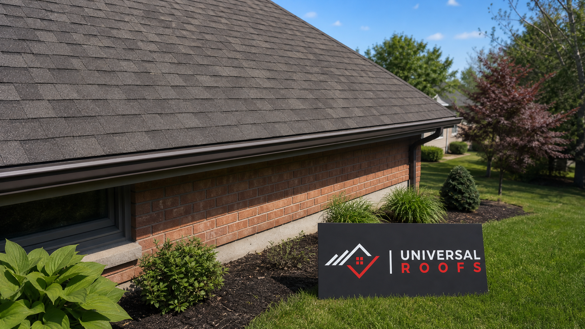 A neatly patched residential shingle roof under summer daylight in a Toronto suburb, showing a seamless repair with no visible seams or discoloration