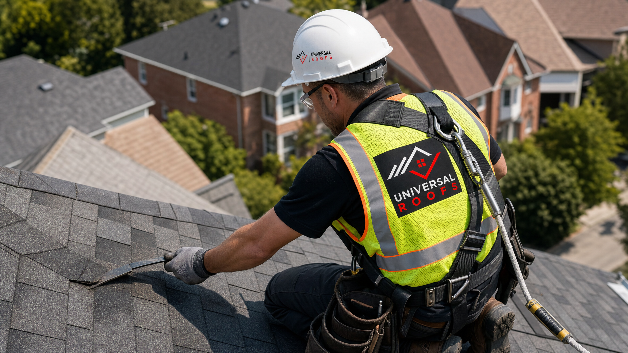 A roofer wearing a hard hat, high-visibility vest, safety glasses, gloves, and a fall-protection harness carefully removing a single damaged shingle during a precision roof patch repair in daylight