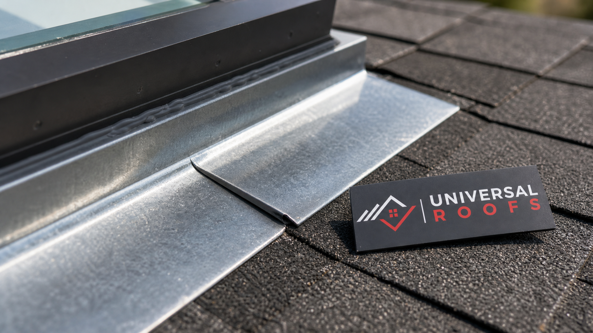 Close-up of new step flashing and sealant installed around a skylight curb showing proper overlap technique
